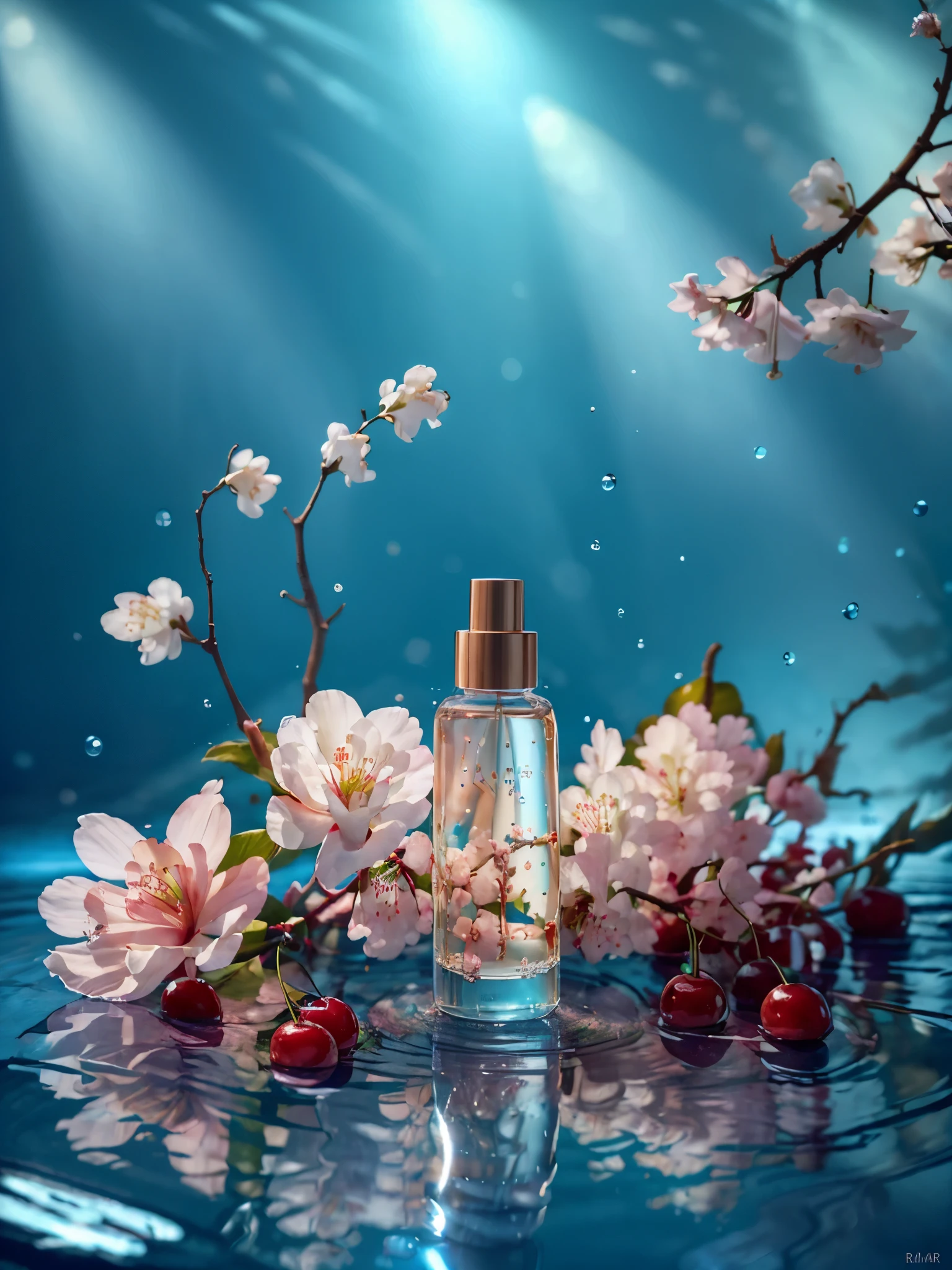 best quality, 4k, 8k, high resolution, masterpiece, ultra-detailed, photorealistic, blender, makeup bottle, cherry blossom wrapped around, blue sky background, water, sunlight, low perspective,
product rendering