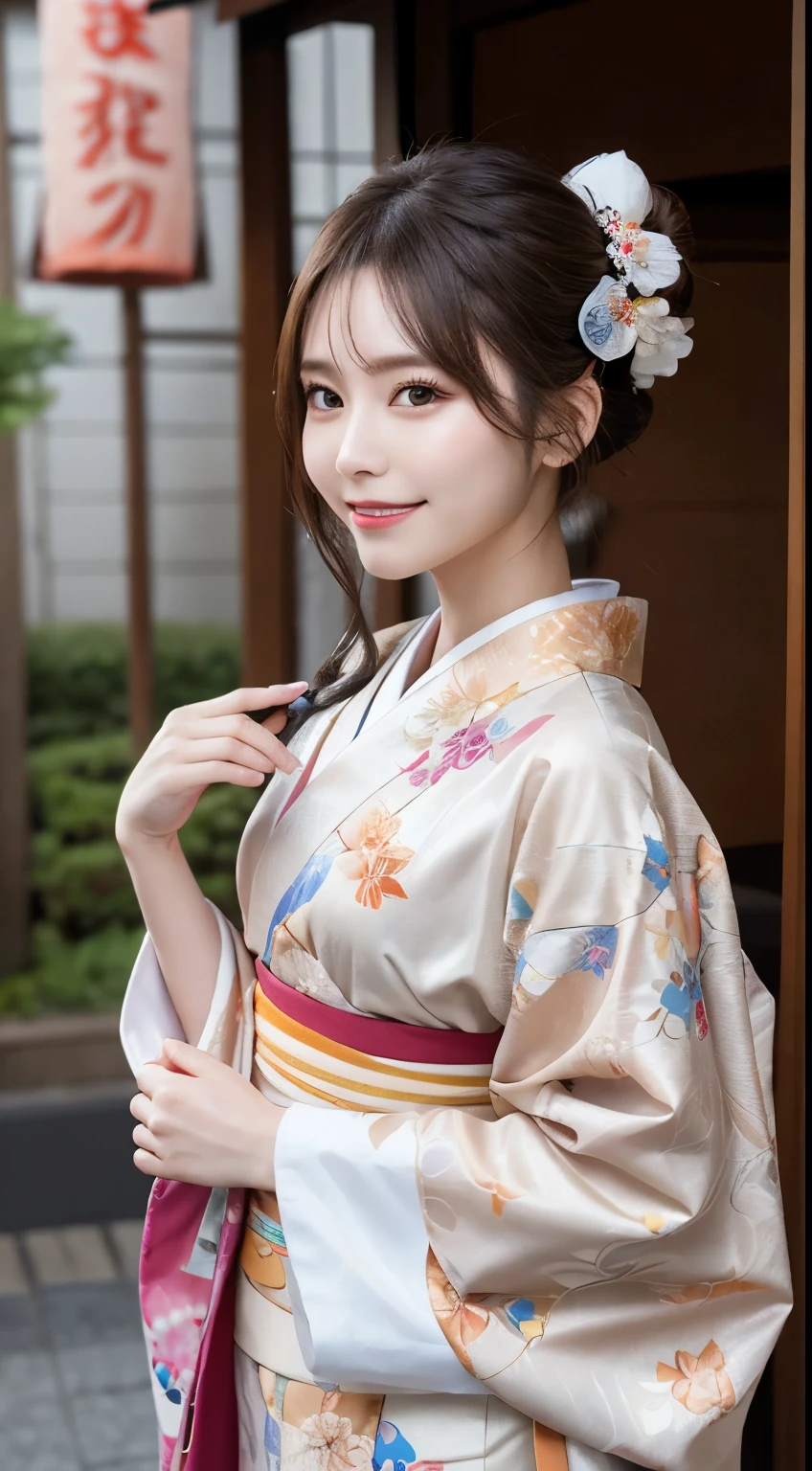 masutepiece, Best Quality, Illustration, Ultra-detailed, finely detail, hight resolution, 8K Wallpaper, Perfect dynamic composition, Beautiful detailed eyes, , Smiling, traditional Japanese kimono、Luxury kimono、Bunching hair,