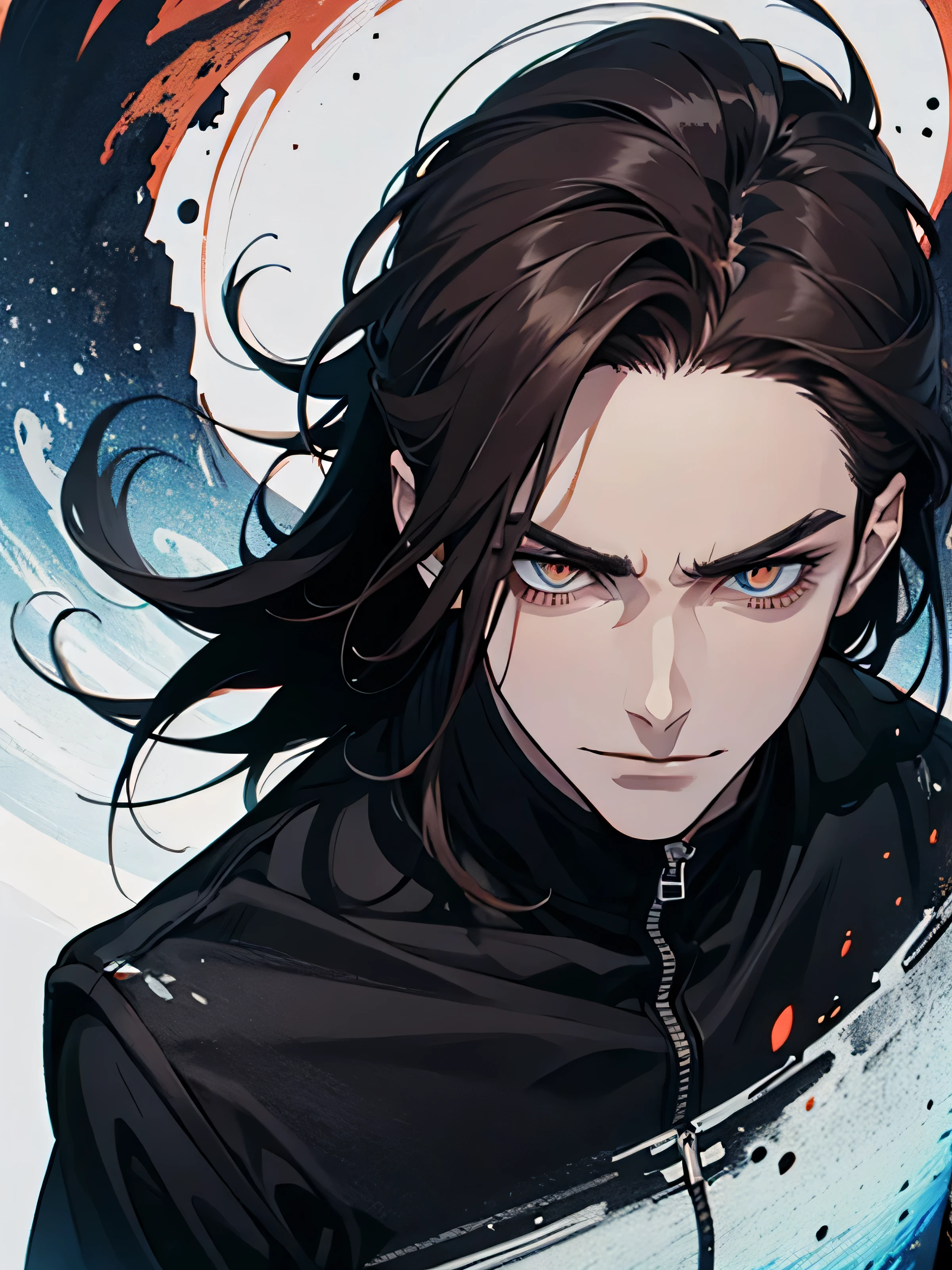 Masterpiece, Best quality, 1 homme, humain, adulte, 20 ans, mauvais look, mauvais smile, mauvais, Iris rouge, Dark Hair, cheveux longs, front plie, visage vicieux, dark themed, sous une planete, Face avant, Légèrement par le haut, (Haut du corps)