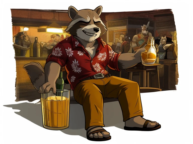 Rocket Racoon, MCU style, full figure, in a Hawaiian shirt and long pants, wears sandals, drinks whiskey, drunk, sleepy, dark brown and gray and white fur