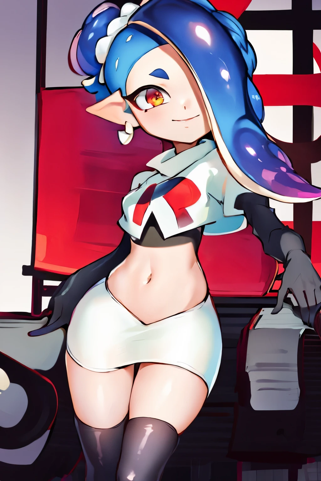 masterpiece, best quality, splatoon,(shiver:1.2), hair over one eye, tentacle hair, cute, team rocket,team rocket uniform,white skirt,red letter R,crop top,black thigh-highs,black elbow gloves