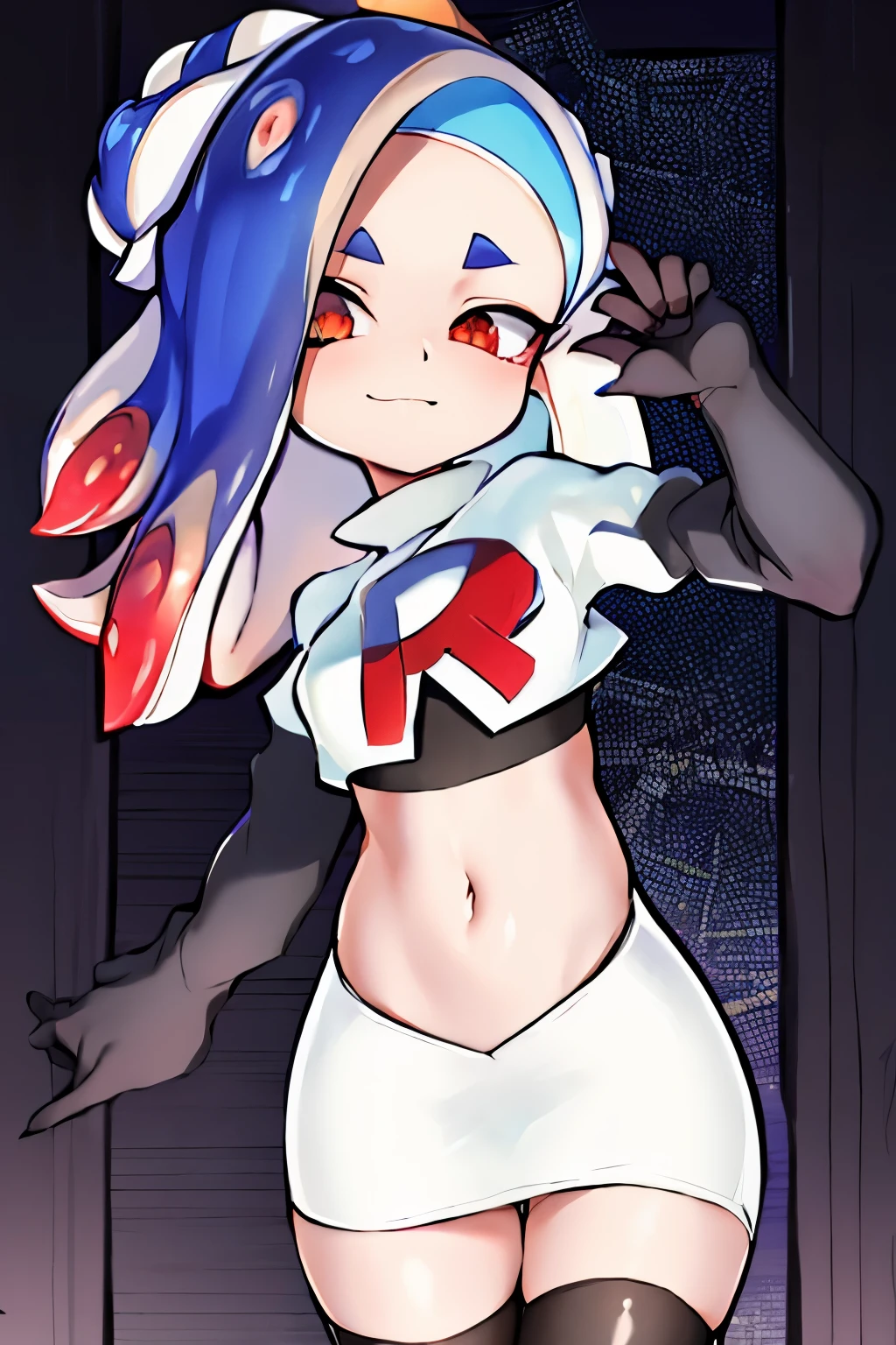 masterpiece, best quality, splatoon,(shiver:1.2), hair over one eye, tentacle hair, cute, team rocket,team rocket uniform,white skirt,red letter R,crop top,black thigh-highs,black elbow gloves