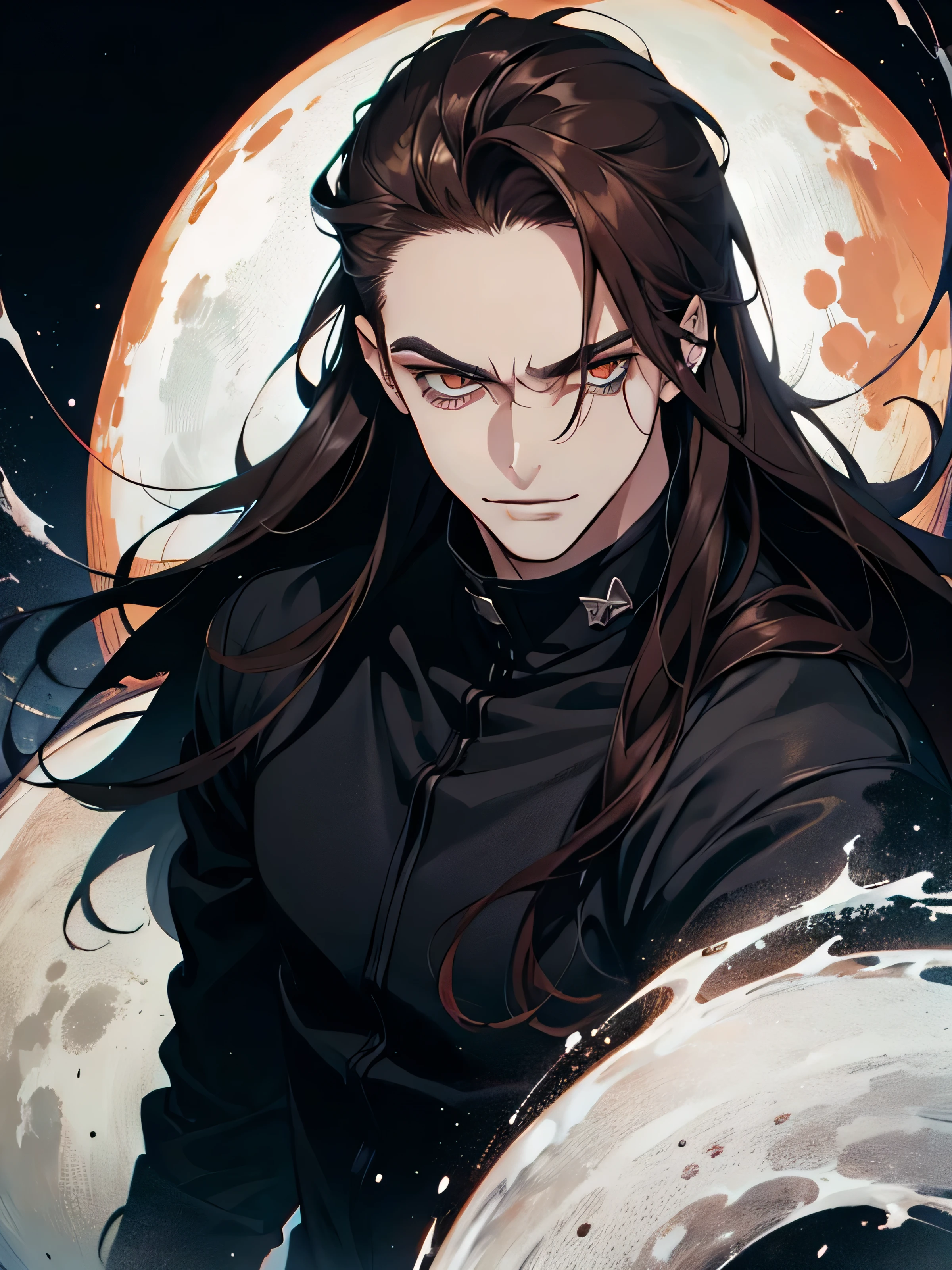 Masterpiece, Best quality, 1 homme, humain, adulte, 20 ans, mauvais look, mauvais smile, mauvais, Iris rouge, Dark Hair, cheveux longs, front plie, visage vicieux, dark themed, sous une planete, Face avant, Légèrement par le haut, (Haut du corps)