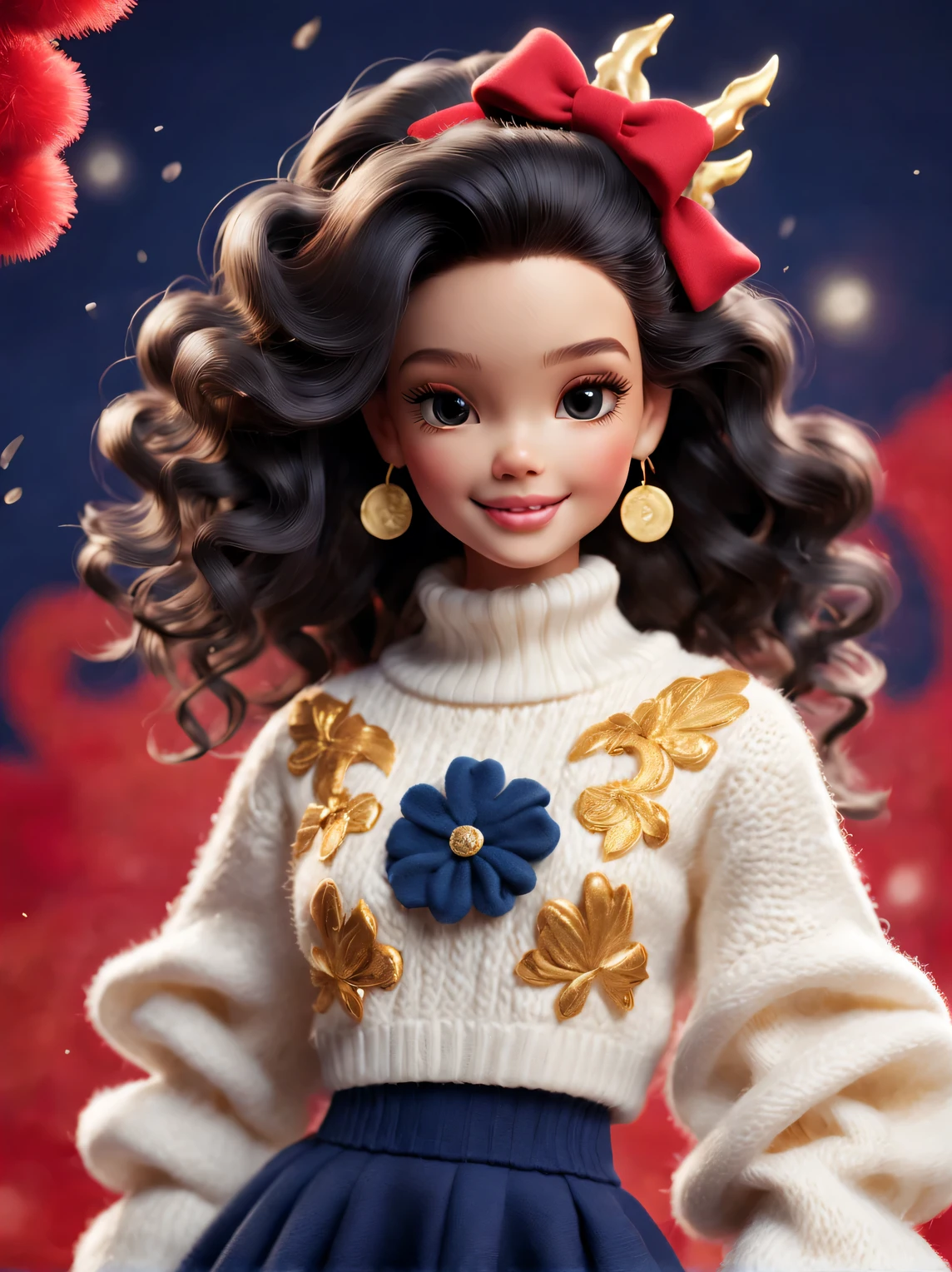 tully shaw style (Close up of cute little dragon and smiling barbie girl with black curly hair: 1.1), Exudes luxury, Gorgeous fashionable winter cashmere wool fashion, Big bow，With dark navy blue and fiery red background, 2024 new year elements, Gold coins flying, Snow-white wool is woven into various styles and textures with great skill and skill, Pay attention to the edge of the sweater、Thin and smooth stitches、seamless, Demonstrate perfect craftsmanship and quality. Cute 3d rendering, Cute and detailed digital art, slight feeling, stylized 3d render, 8K， 3D character art rendering, lovely digital painting, Anime style 3D, Ultra-detailed rendering, hyper HD, tmasterpiece, Acura, ctextured skin, super detailing, high detal, high high quality, Award-Awarded, Best quality, A high resolution, 16k,