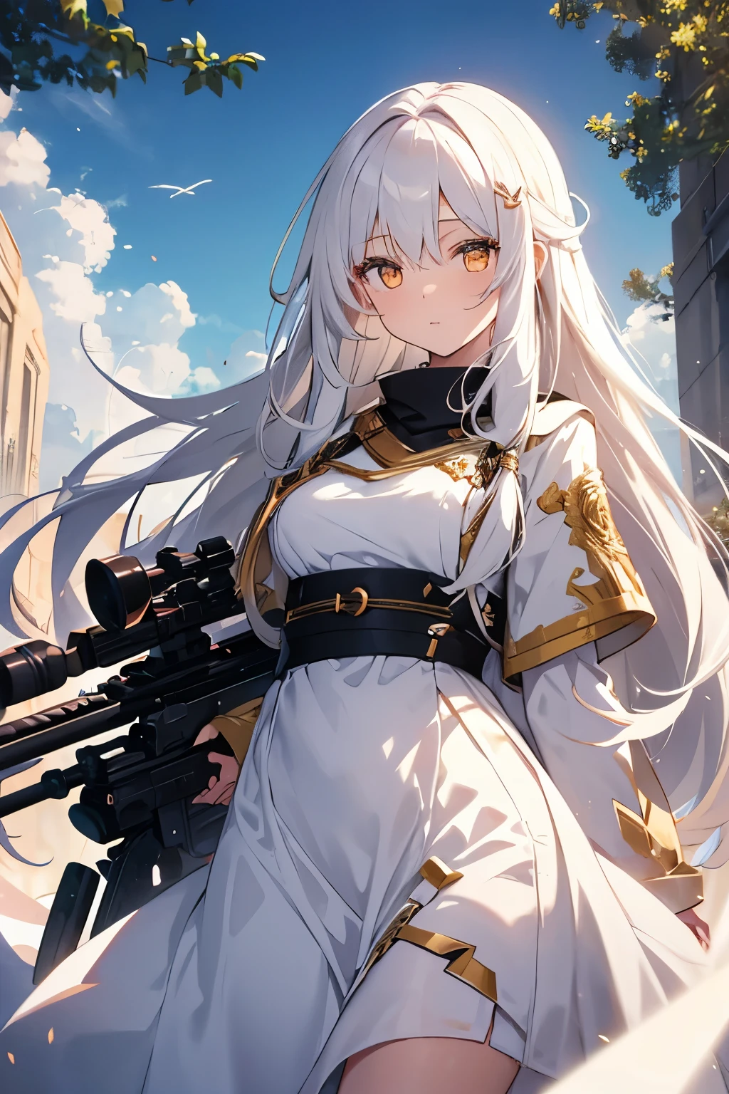 1girl,golden eyes,white wave long hair,fantasy,sniper rifle,white dress