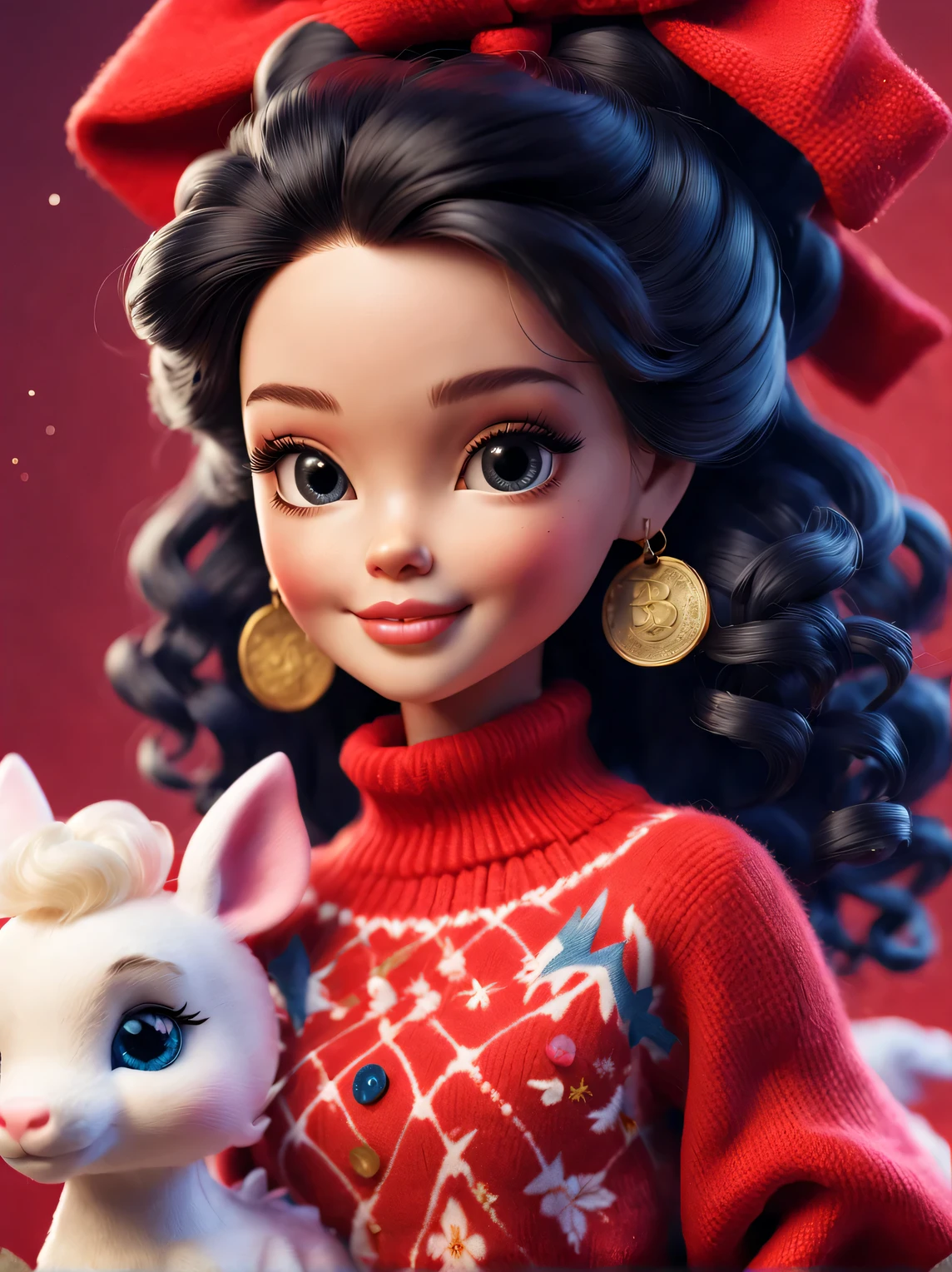 tully shaw style (Close up of cute little dragon and smiling barbie girl with black curly hair: 1.1), Exudes luxury, Gorgeous fashionable winter cashmere wool fashion, Big bow，With dark navy blue and fiery red background, 2024 new year elements, Gold coins flying, Snow-white wool is woven into various styles and textures with great skill and skill, Pay attention to the edge of the sweater、Thin and smooth stitches、seamless, Demonstrate perfect craftsmanship and quality. Cute 3d rendering, Cute and detailed digital art, slight feeling, stylized 3d render, 8K， 3D character art rendering, lovely digital painting, Anime style 3D, Ultra-detailed rendering, hyper HD, tmasterpiece, Acura, ctextured skin, super detailing, high detal, high high quality, Award-Awarded, Best quality, A high resolution, 16k,