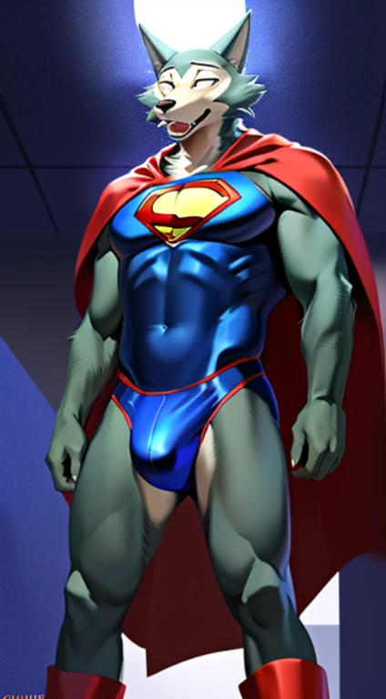 solo, wolf, male, legoshi_(Beastars), black eyes, small pupils, tail, hi res, soft shading, ( detailed fur 1.1 ), (lust expression), blushing, ( solo 1.1) (detailed), (masterpiece: 1.2), ( full body head to toe show), wearing a superman costume, ( red and blue bodysuit) (spandex superman costume: 1.1), (tight), (red speedo), (red cape), (red boots) red cape, (rubbing his bulge), at school corridor, night time, by chunie by itagaki paru, low angle view, bulge focus