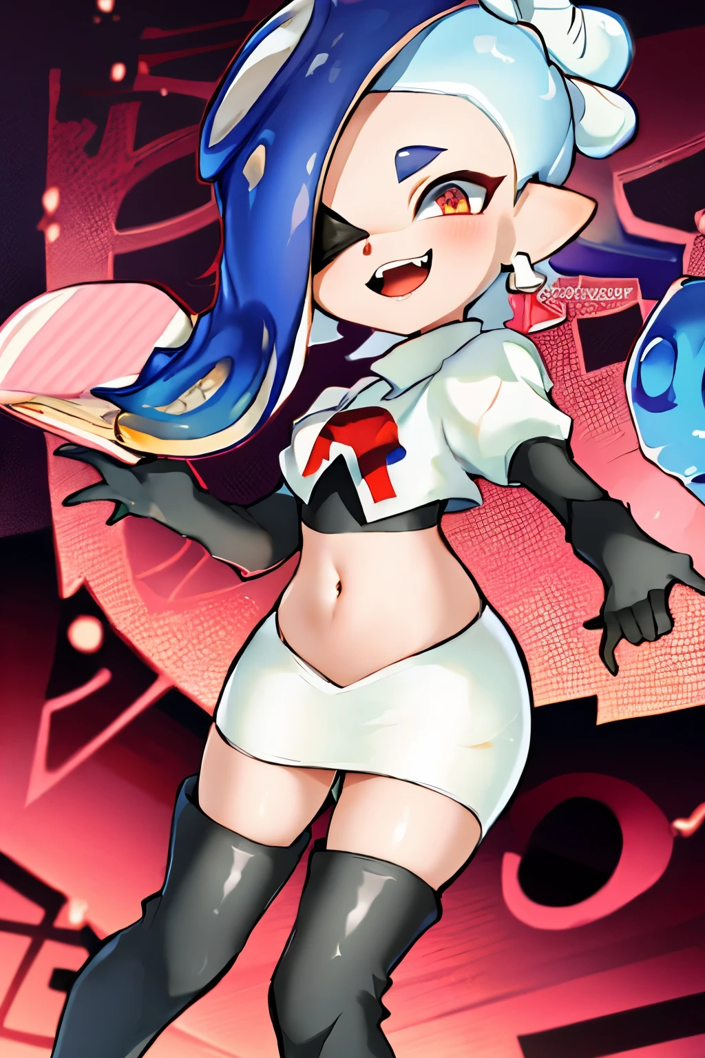 masterpiece, best quality, splatoon,(shiver:1.2), hair over one eye, tentacle hair, cute, team rocket,team rocket uniform,white skirt,red letter R,crop top,black thigh-highs,black elbow gloves