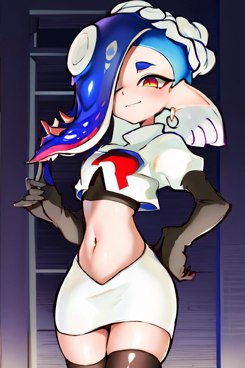 masterpiece, best quality, splatoon,(shiver:1.2), hair over one eye, tentacle hair, cute, team rocket,team rocket uniform,white skirt,red letter R,crop top,black thigh-highs,black elbow gloves
