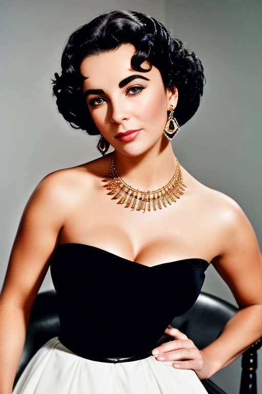 A realistic full portrait image of young actress Elizabeth Taylor with black hairstyle, beautiful, ((big perfect silicon boobs)), (fit sexy muscular hardbody), sexy muscular fitness model, big hard muscles, ((Perfekte Augen)), (Augen-Make-up:1.1), Lippenstift, Blick auf den Betrachter, detailliertes Gesicht, smil, (Hochdetaillierter Skin:1.1), Perfect Body, (wears a gold necklace and earrings), ((wearing a classic black strapless victorian leatherdress by Karl Lagerfeld)), ModelShoot-Stil, Professionelle Fotografie, Dramatische Beleuchtung, fotorealistisch, ((Stehen in einem dunklen Studiohintergrund)), verschwommener Hintergrund, .RAW, Analoger Stil, Scharfer Fokus, 8K, high resolution, DSLR, High quality, Fujifilm XT3, Filmkorn, awards winning, Meisterwerk,