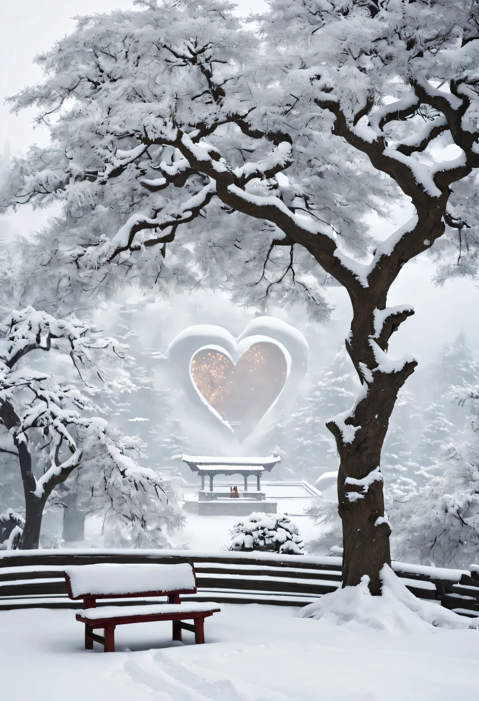 photo real,Snowy scene with a heart shape tree and a bench in the foreground, beautiful snowy landscape, Winter in the snow, Snowy winter scene, winter setting, Snowy winter, Chinese-style painting, Zen temple background, Snowy Land