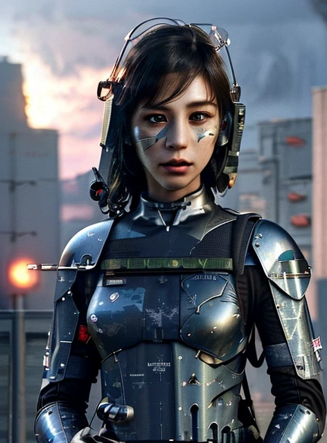 extremely detailed CG unity 16K wallpaper, (raw photography, cyberpunk:1.3), science fiction, (photorealistic, highest quality, masterpiece:1.2), (correct anatomy:1.5), POV, (from front:1.4), (from blow:1.1), dynamic angle, 1 girl, ((female soldier with mechanize body:1.4)), solo, ((full body shot:1.2)), black hair, short hair, fairly detailed skin, tan, realistic and bright eyes, highly detailed nose and lips, expressionless, ((camouflaged-body armor:1.4)), ((1 backpack equipped with 1 pair of engine and wing:1.5)), (((flying:1.4))),  (((holding 1 large blaster rifle:1.3))), slender, medium breast, (((outdoor, daytime, futuristic city, battlefield, shootout:1.5))), cinematic lighting, professional photo, depth of field, sharp focus, highest resolution, ultra high res