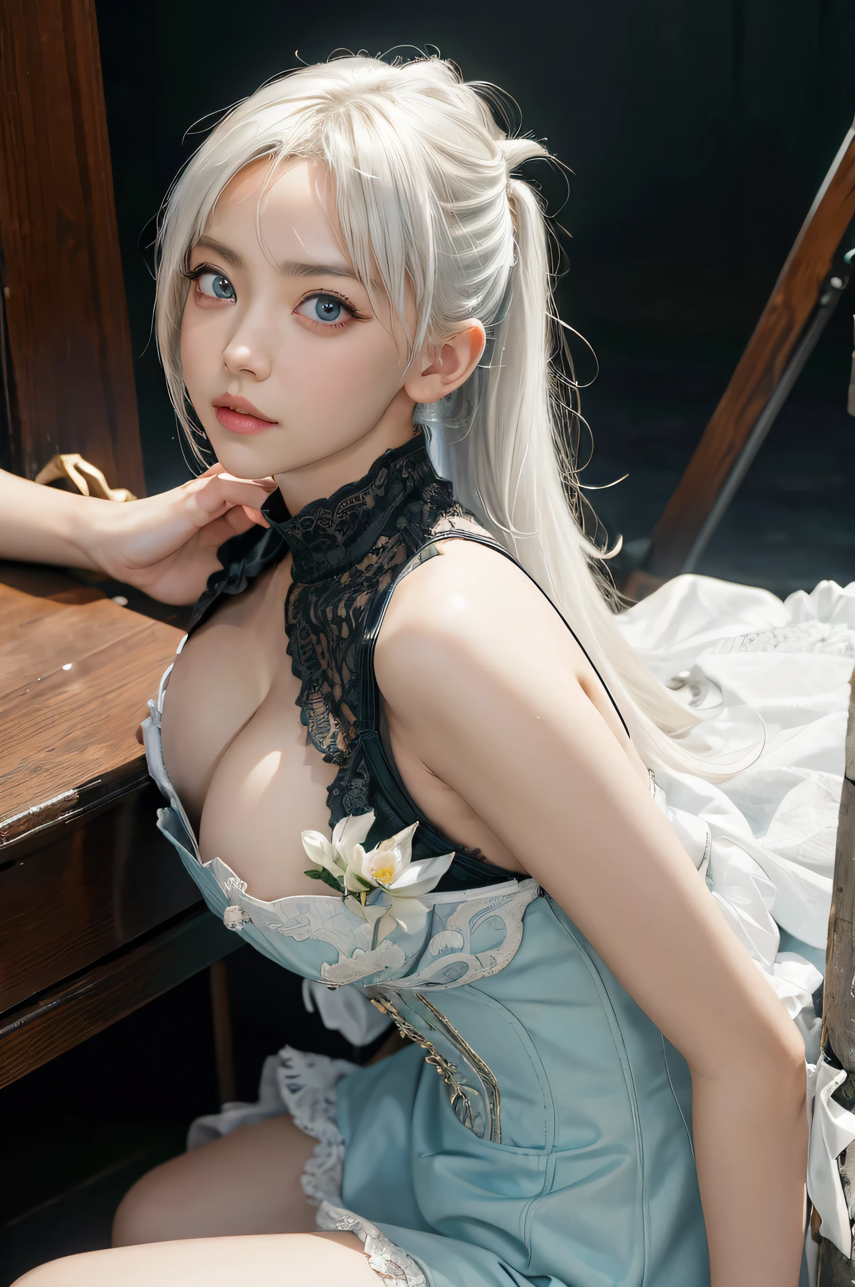 (Best Quality, masutepiece:1.4), (Realism:1.2), (Realisitc:1.2), (absurderes:1.2), (Photorealistic:1.3), 1girl in,Realistic skin,Solo,( Very big eyes,Beautiful detailed eyes, symmetrical eye), riven \(League of Legends\), 1girl in, folded ponytail, Short dress, Single-pole drone, corsets, White hair, Sitting, Upper body, Cowboy Shot