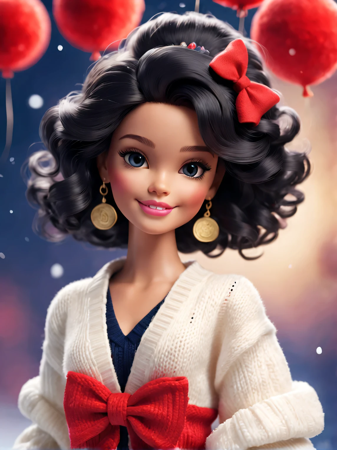 tully shaw style (cute little dragon：1.Close up of two smiling barbie girls with black curly hair: 1.1), Exudes luxury, Gorgeous fashionable winter cashmere wool fashion, Big bow，With dark navy blue and fiery red background, 2024 new year elements, Gold coins flying, Snow-white wool is woven into a variety of styles and textures with great skill and skill, Pay attention to the edge of the sweater、Thin and smooth stitches、seamless, Demonstrate perfect craftsmanship and quality. Cute 3d rendering, Cute and detailed digital art, slight feeling, stylized 3d render, 8K， 3D character art rendering, lovely digital painting, Anime style 3D, Ultra-detailed rendering, hyper HD, tmasterpiece, Acura, ctextured skin, super detailing, high detal, high high quality, Award-Awarded, Best quality at best, A high resolution, 16k,