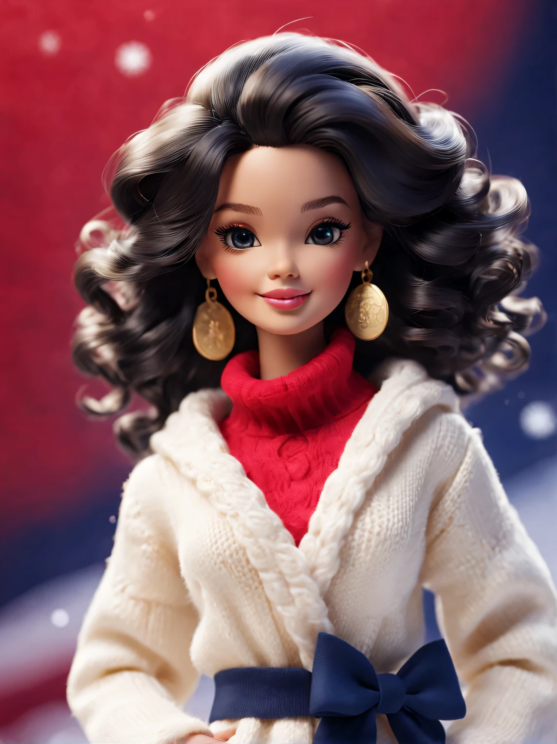 tully shaw style (cute little dragon：1.Close up of two smiling barbie girls with black curly hair: 1.1), Exudes luxury, Gorgeous fashionable winter cashmere wool fashion, Big bow，With dark navy blue and fiery red background, 2024 new year elements, Gold coins flying, Snow-white wool is woven into a variety of styles and textures with great skill and skill, Pay attention to the edge of the sweater、Thin and smooth stitches、seamless, Demonstrate perfect craftsmanship and quality. Cute 3d rendering, Cute and detailed digital art, slight feeling, stylized 3d render, 8K， 3D character art rendering, lovely digital painting, Anime style 3D, Ultra-detailed rendering, hyper HD, tmasterpiece, Acura, ctextured skin, super detailing, high detal, high high quality, Award-Awarded, Best quality at best, A high resolution, 16k,