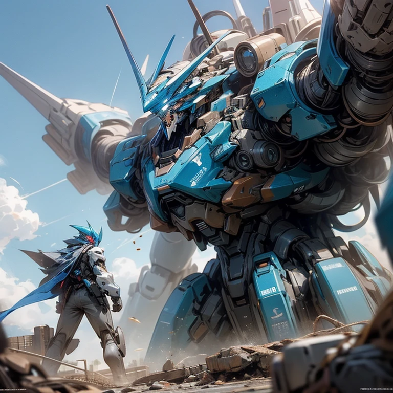 Very datalhed 2 colossal robots mecha, futuristic world, beautiful blue sky, danger battle