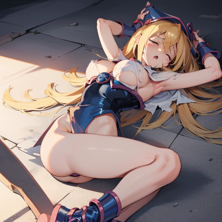 solo, (exposed white underwear, torn clothes:1.2), nipples, tottering, Yu-Gi-Oh!,dark magician girl,big breasts,leotard,cute Face, blonde hair, from side, (sobbing:1.2), headback, look another, laying down on ground, corpse, closed eyes, :o, pain, wreck, injury, damaged, dirty