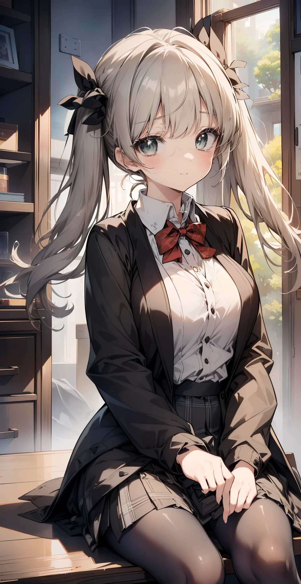 ((On a table, Best quality, A high resolution, north african free trade area, pixel-perfect, depth of fields, 4K, north african free trade area, north african free trade area))), 1 girl in, Single, Alone, Beautiful anime girls, Beautiful Art Style, anime figure, (( Long gray hair, through bangs, dark brown  hair, frizzy hair:0.8)), ((Green-eyed:1.4, A detailed eye, pretty eyes, perfect  eyes,Curly eyelashes, photorealistic eye)), ((Detailed faces, The face is red:1.2)) , ((Soft texture:0.75, Realistic texture:0.5, CG anime style)), mediuml breasts, dynamic angle, plumw, perfect body figure, dynamicposes, ((red bowtie, 校服, black greatcoat, Open jacket, cardigan brown, white  shirt, Black dress, plaid skirts)), ssmile, with her mouth open, place one's arms behind one's back, Leaning forward, ament park, ((Close-up cleavage, Perspectives, Cute big breasts, cum on facial))