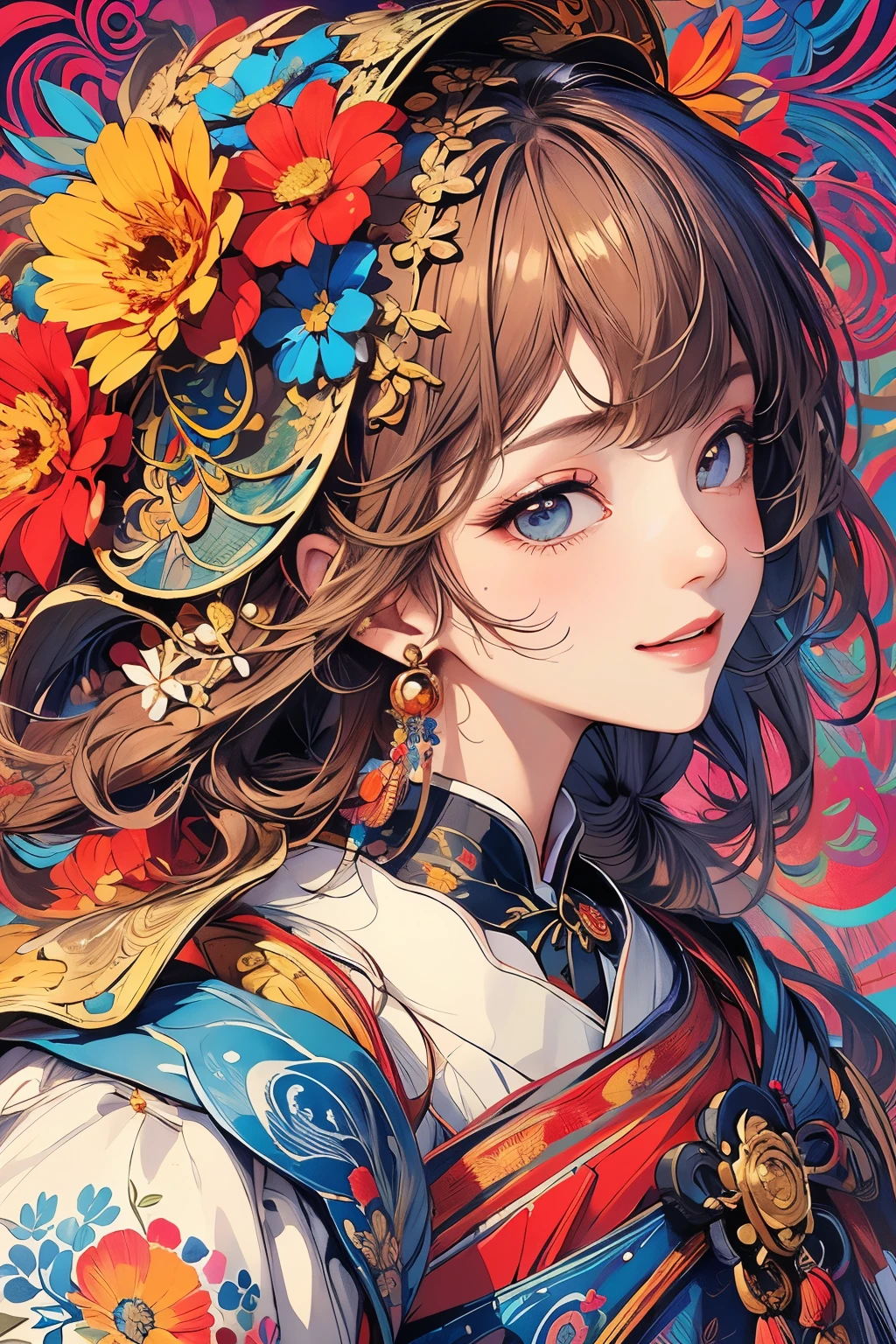 (​masterpiece、top-quality、top-quality、Official art、Beautifully Aesthetic:1.5)、Painterly、sketch、Texture、超A high resolution、独奏、Beautuful Women、A smile、すごくA smile、A highly detailed、(Fractal Art:1.1)、(colourfull:1.1)、(florals:1.5)、The most detailed、(Zentangle:1.2)、(Dynamic Poses)、(Abstract background:1.3)、(shinny skin)、(Many colors:0.8)、(耳环:1.4)、(pluma:0.9)、Taisho romance