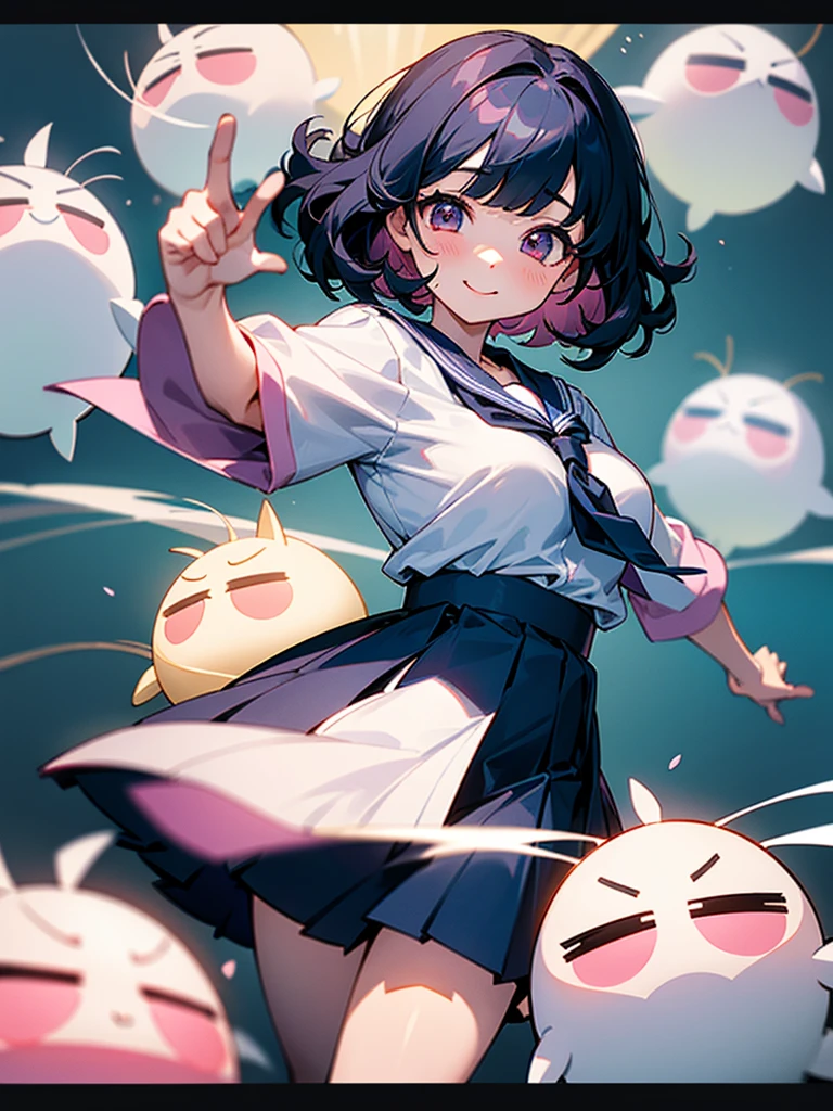 Classroom、girl1,No background,Pretty girl in Japan、、huge tit、、kawaii faces、、big pink eyes、Silky bangs、、Short black curly hair、High school students、Japanese high school girls uniform、Simple navy blue skirt、Simple white blouse、blue tie、high quality picture、shinny skin、finger thrust pose、Niyashi、Crisp smile