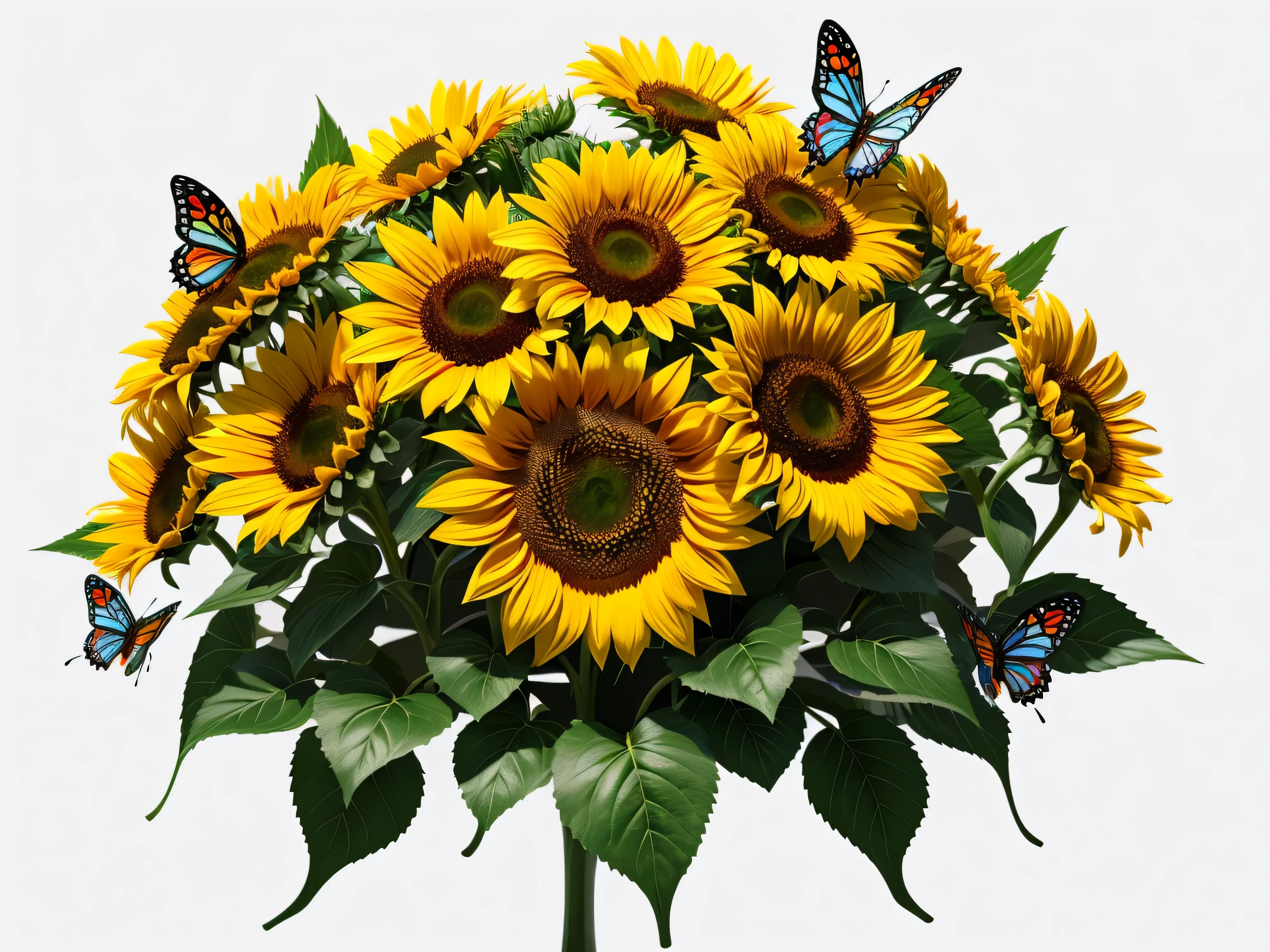 a bouquet of sunflowers with colorful butterflies, 3D, vivid colors, intricate, clipart, white background
