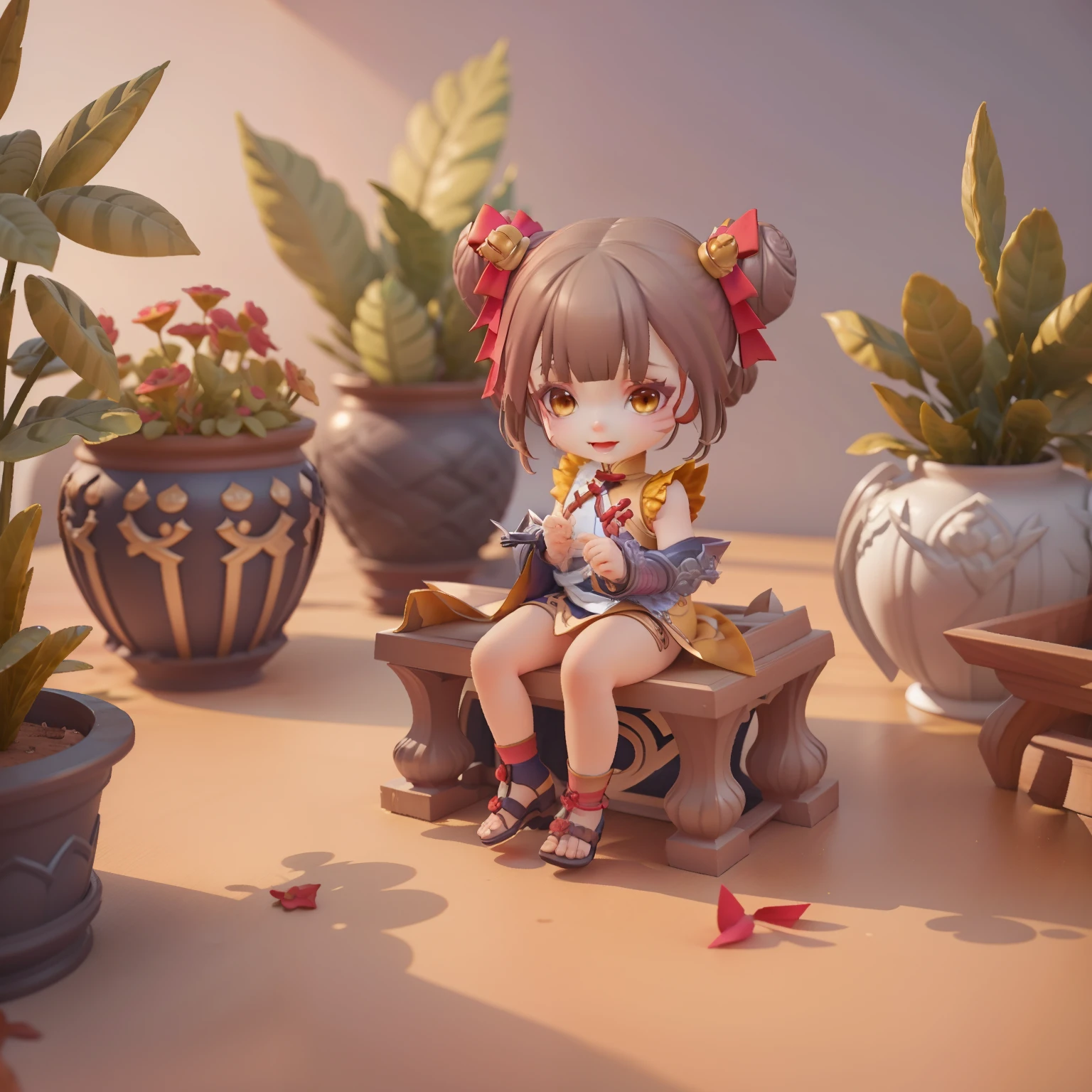 Cute Chibi selena mobile legend,(((Chibi 3D))) (Best Quality) (Master Price)、(Chibi :1.3)、Sitting on smoky pink flowers、specimen、houseplant、Open your mouth and smile