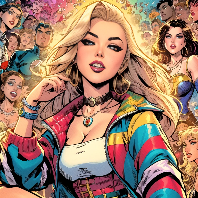 A woman in a colorful jacket and a necklace stands in front of a crowd of girls, Rossdraws Karikatur lebendig, Comic-Cover, Zenescope, Lois van Baarle und Rossdraws, artgerm bunt!!!, farbenfroher Comic-Stil, vivid farbenfroher Comic-Stil, Harley Queen, Design von Comic-Charakteren aus den 90er Jahren, Stil Ivan Talavera und Artgerm