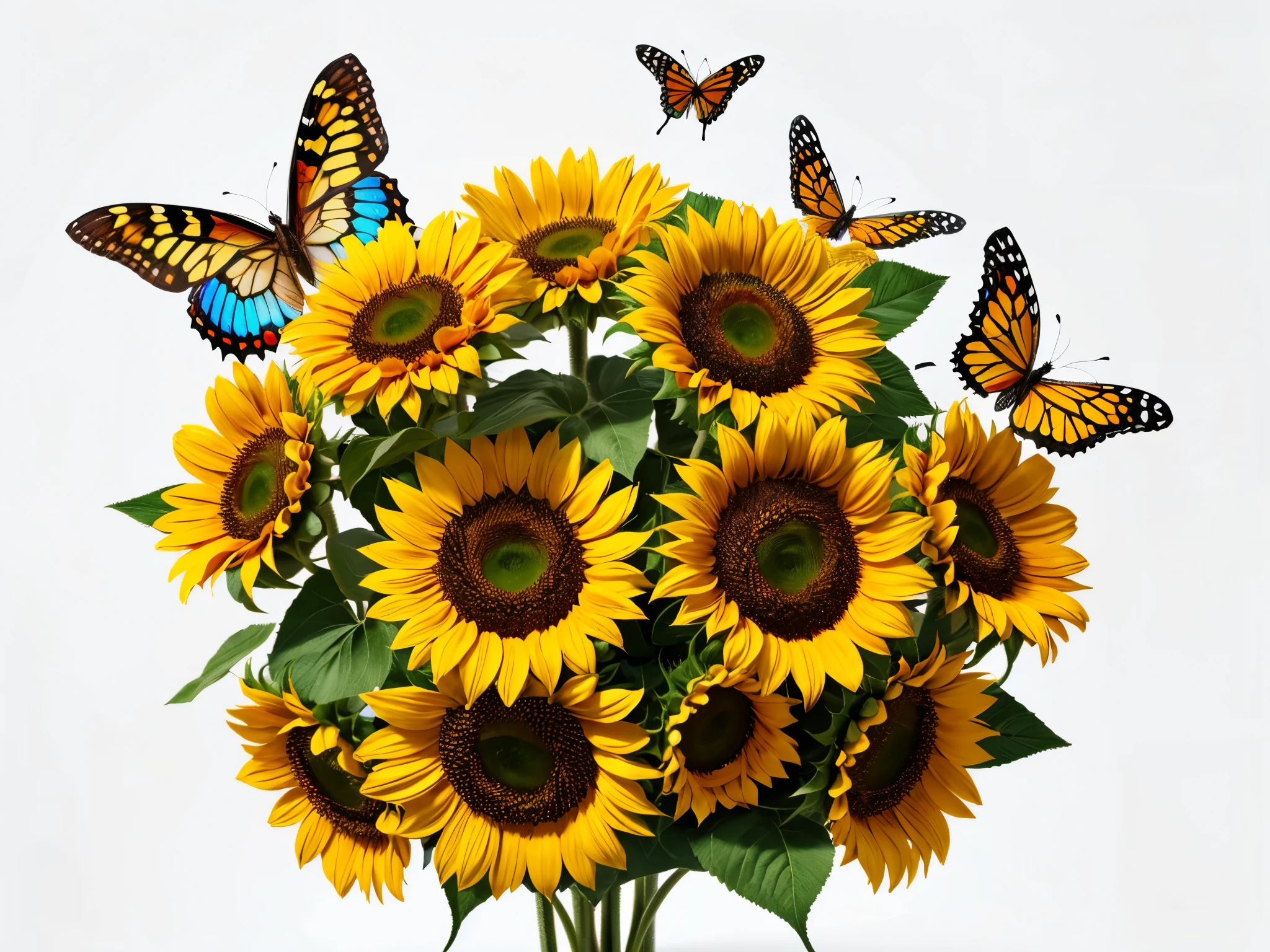 a bouquet of sunflowers with colorful butterflies, 3D, vivid colors, intricate, clipart, white background