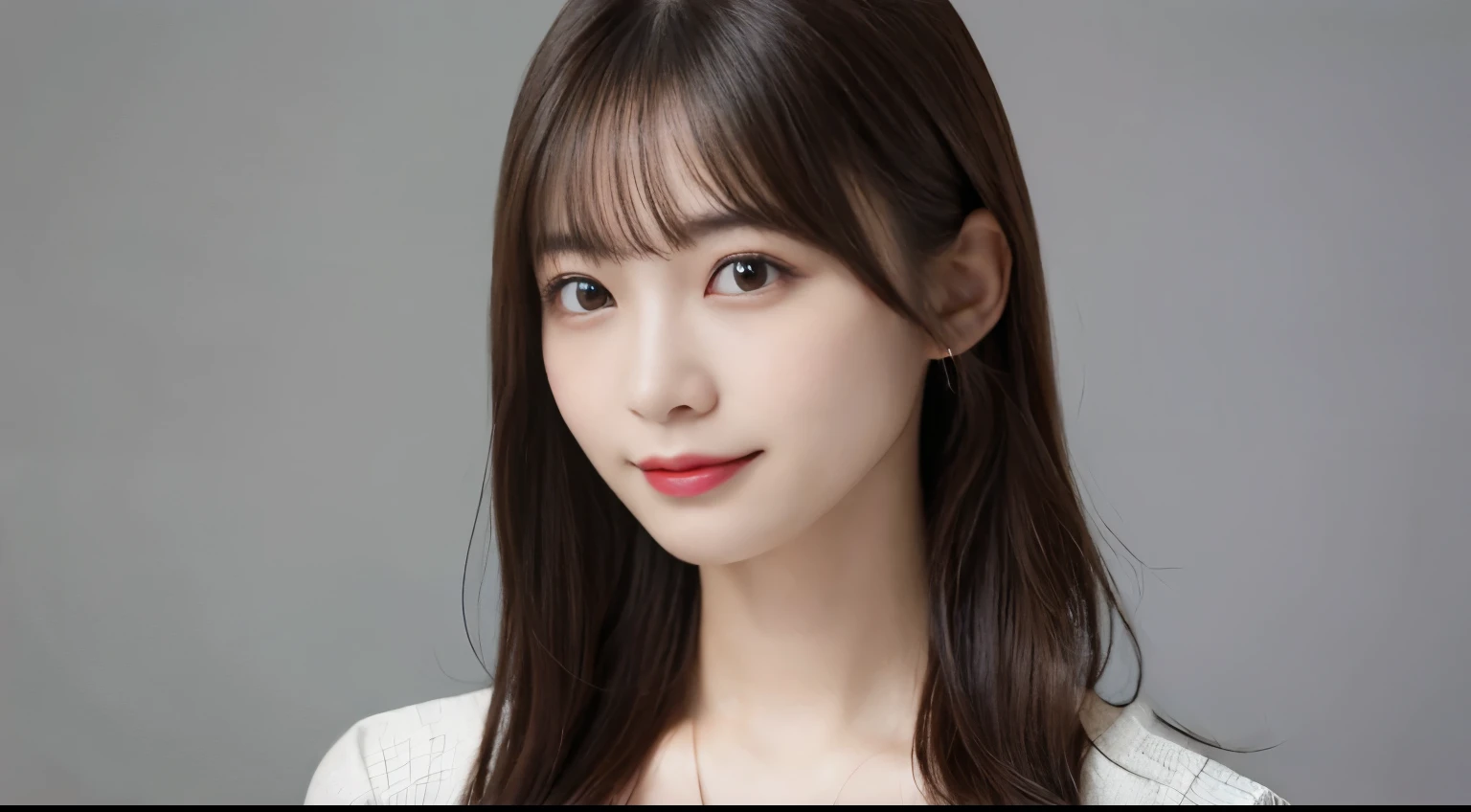masutepiece, Best Quality, Illustration, Ultra-detailed, finely detail, hight resolution, 8K Wallpaper, Perfect dynamic composition, Beautiful detailed eyes, She wears a black suit,Medium Hair,Natural Color Lip, Smile,Harajuku、20 years girl、One Person, bust-up photography、Cute、is looking at the camera、C Cup、Brown hair、with a pure white background、white backgrounid、White background