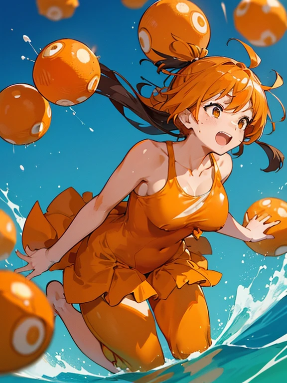 A student covered in oranges offers bouncing oranges、Amazing dynamism、Amazing Angle、Unstable buoyancy sandstorm、((Lots of friendly oranges jumping and chasing each other.))、(surround each other'bound mandarin oranges)