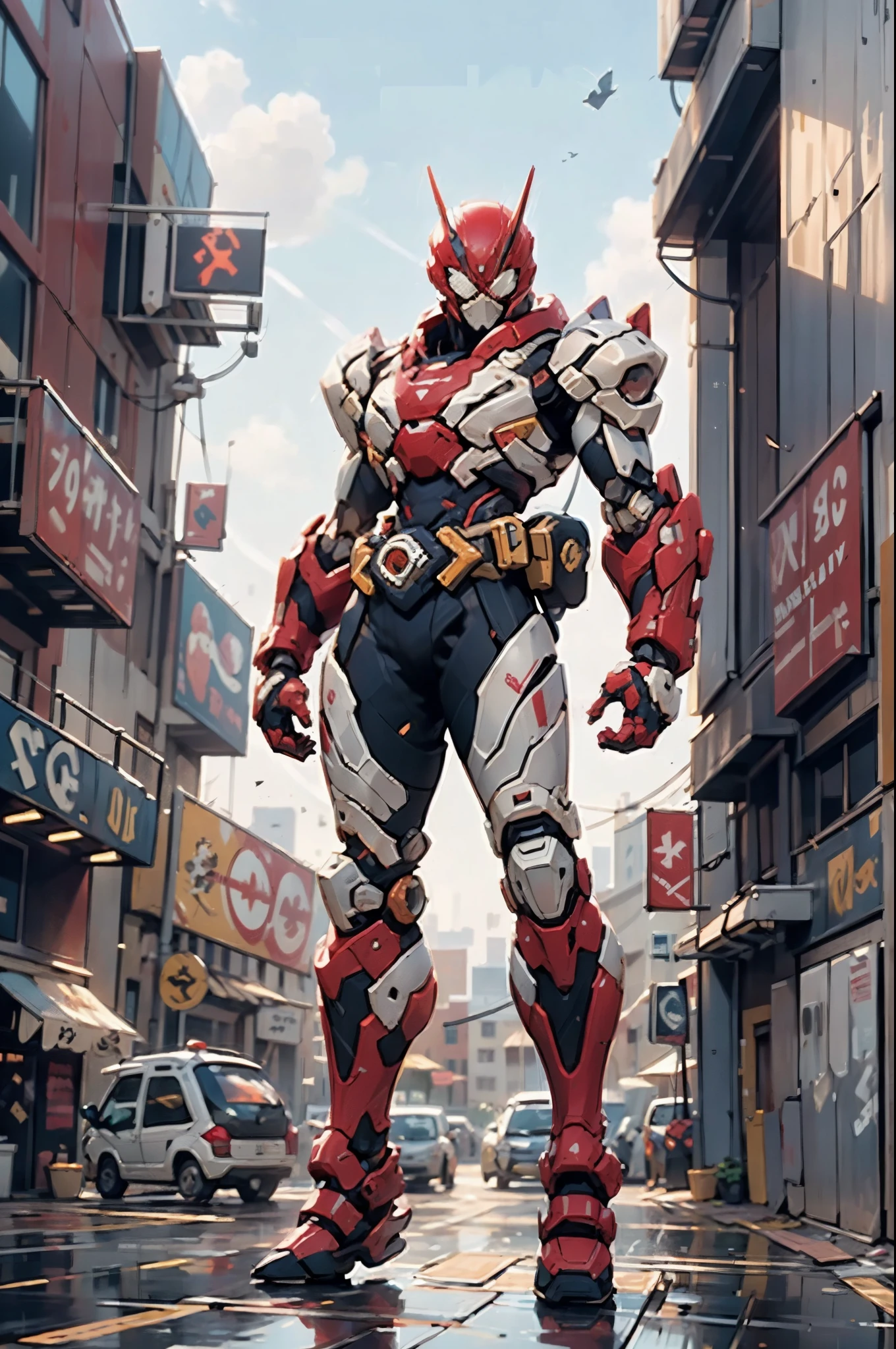 A super a high-tech biotech battle suit, standing on a rooftop, looking over the city, Japanese tokusatsu and American comic style, biometallic texture of the suit, sleek and shiny, dynamic, fast, natural light, cinematic, high quality, high resolution, high detail, sophisticated design, dramatic, high definition, ultra-detailed, ultra-fine painting, extremely delicate, creativity, Natural light, cinematic lighting, best shadow, masterpiece-anatomy-perfect