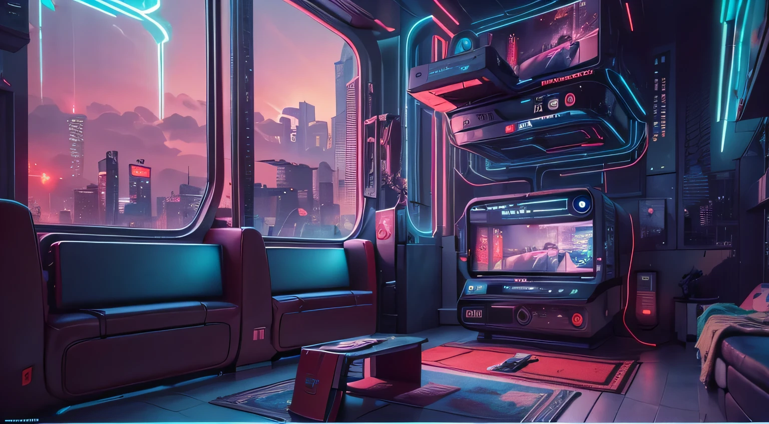 Best image quality, Masterpiece, Ultra-high resolution, (Fidelity:1.4), Photo, Dim, Darkness, Movie, ((Cyberpunk)), cyber outfit, Futuristic, ((Award-winning ultra-realistic photos)),((tmasterpiece)),(hyper-detailing),(Complicated details),(High resolution CGI artwork 8k),A futuristic cyberpunk living room。Large windows for balcony floor-to-ceiling windowusy and colorful、Detailed cyberpunk cityscape。Futuristic style,There are many colors and LED lights。The cityscape should be very detailed,depth of fields。Create depth with atmospheric lighting,Evoke the feeling of a busy futuristic city outside the window。cameras:Wide-angle lens showing rooms and windows。The window should be the focal point of the image。illuminating:Use atmospheric and volumetric lighting to enhance cityscape detail。The room should be illuminated by the neon lights of the cityscape, Pastel textured colored background, Colourful, vibrant,