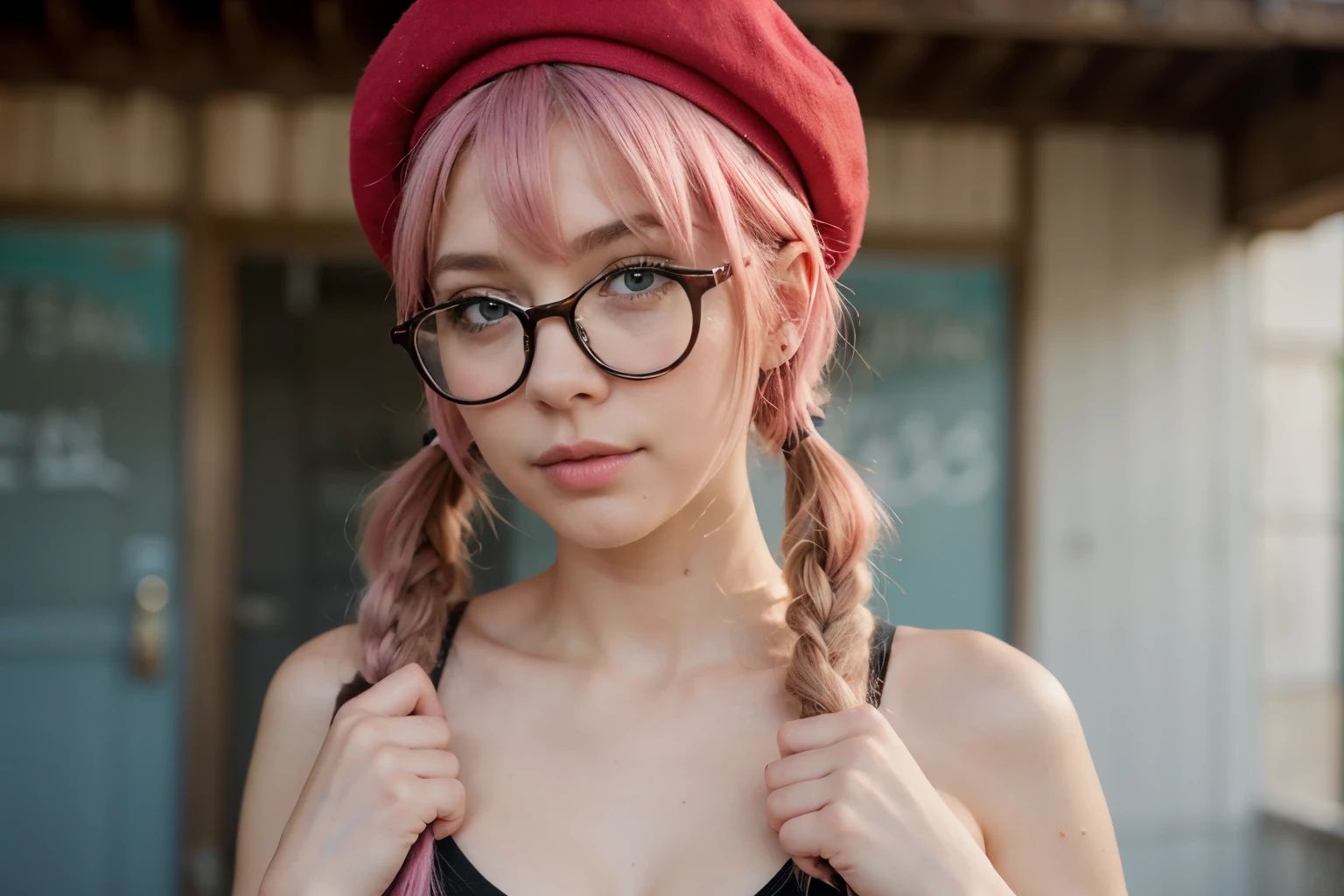 cartoon animated. girl with wispy side bangs and low pigtail pink hair and a turquoise beret hat. She has light blue eyes and red glasses. fair skin. anime