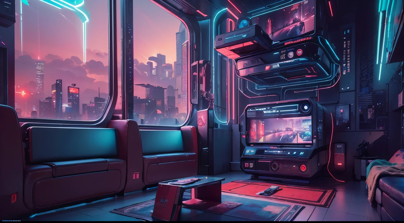 Best image quality, Masterpiece, Ultra-high resolution, (Fidelity:1.4), Photo, Dim, Darkness, Movie, ((Cyberpunk)), cyber outfit, Futuristic, ((Award-winning ultra-realistic photos)),((tmasterpiece)),(hyper-detailing),(Complicated details),(High resolution CGI artwork 8k),A futuristic cyberpunk living room。Large windows for balcony floor-to-ceiling windowusy and colorful、Detailed cyberpunk cityscape。Futuristic style,There are many colors and LED lights。The cityscape should be very detailed,depth of fields。Create depth with atmospheric lighting,Evoke the feeling of a busy futuristic city outside the window。cameras:Wide-angle lens showing rooms and windows。The window should be the focal point of the image。illuminating:Use atmospheric and volumetric lighting to enhance cityscape detail。The room should be illuminated by the neon lights of the cityscape, Pastel textured colored background, Colourful, vibrant,