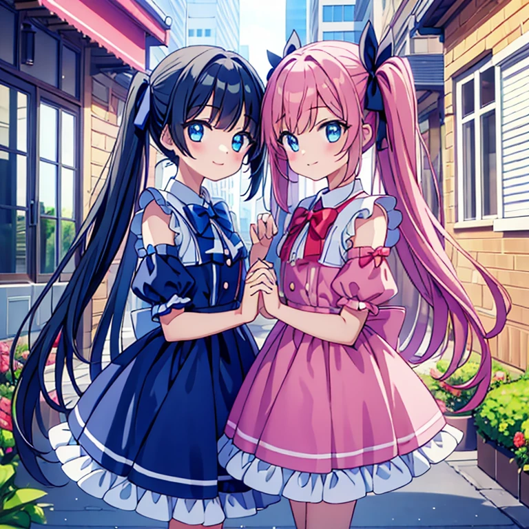 2 girls、bow ribbon、pink girls、blue girl、standing holding hands、a smile、a park、half up、Twin-tailed