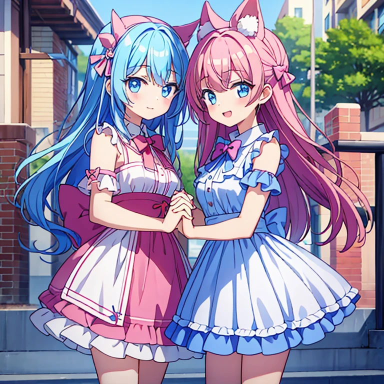 2 girls、bow ribbon、pink girls、blue girl、standing holding hands、a smile、a park、half up、Twin-tailed