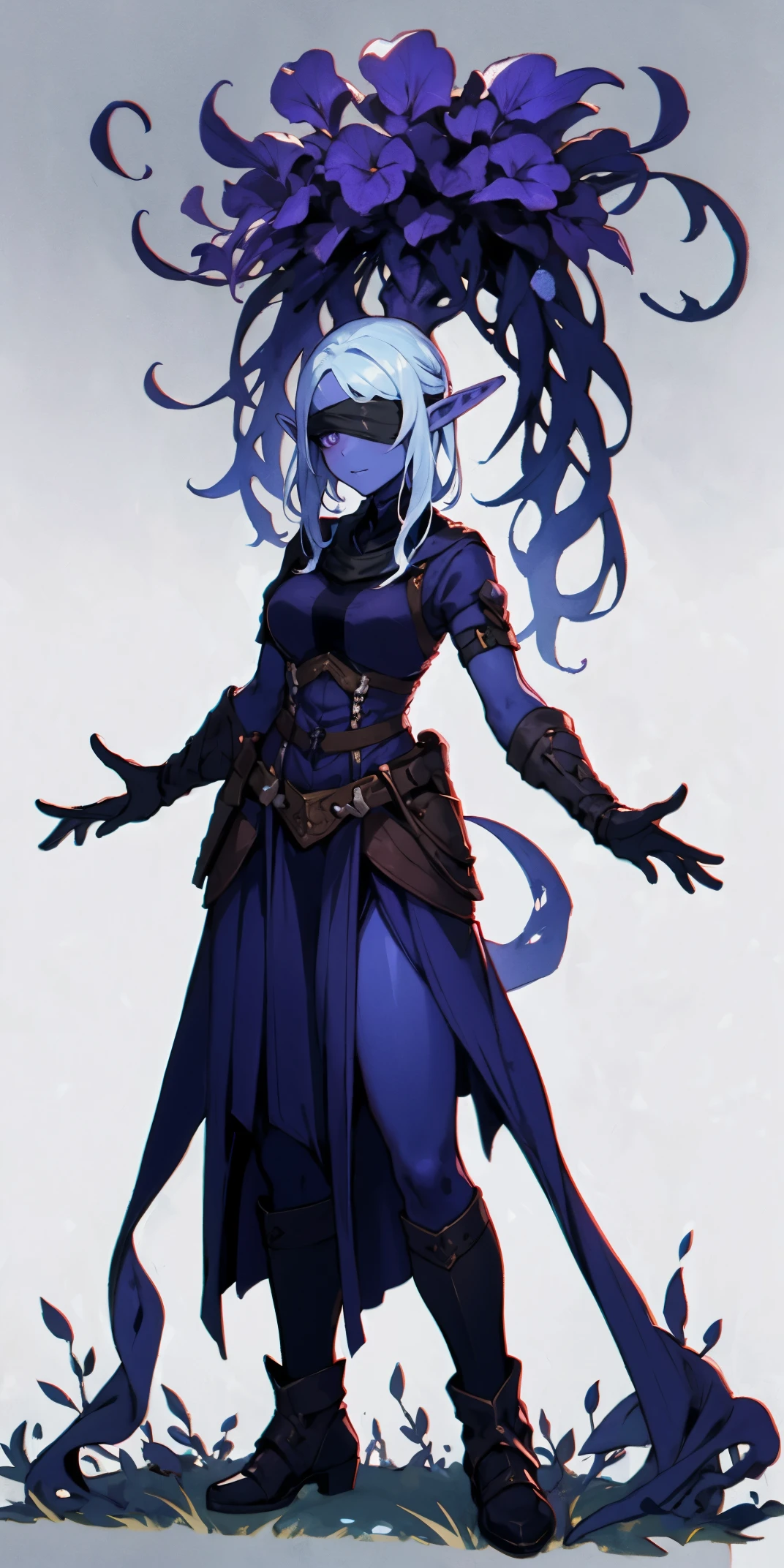 Masterpiece, standing straight symmetrical, full body female drow elf slave wearing an adventurer outfit, black blindfolded, (very purple skin)