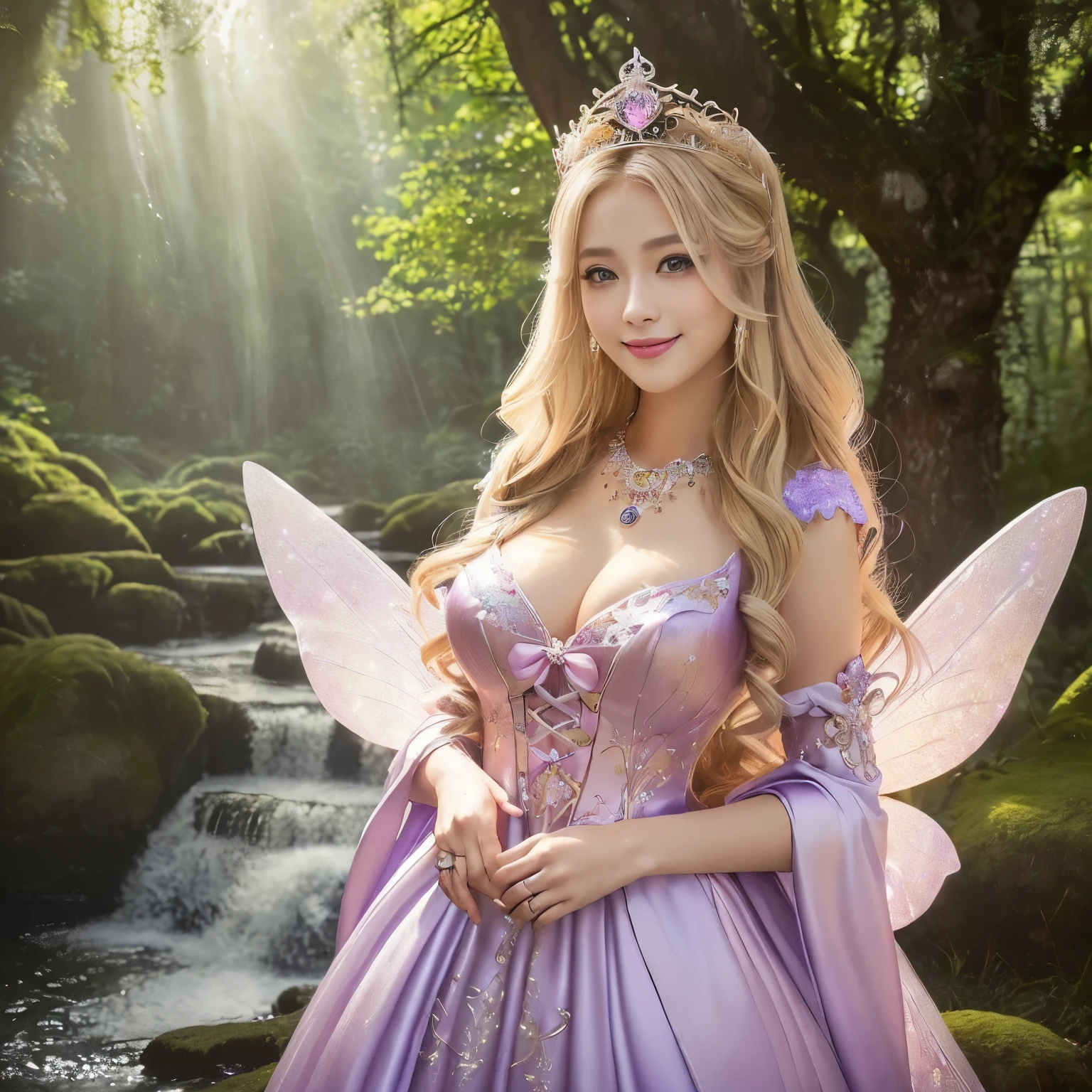 ((masutepiece、top-quality、8K、Highly Detailed and Complex Detail、The most complex and detailed textures、Super High Detail、bright and gentle lighting、the mildest texture、Smoothest texture))、(beautiful waterfall in the background:1.3)、(とても繊細で複雑に輝くSmall wings:1.2)、(Upper body photo of a standing princess:1.1)、(Fairy wings with very intricate patterns:1.2)、(Small wings:1.2)、(The most extravagant and divine fairy tale princess dresses:1.2)、((The most beautiful fairy tale forest princess Fairy tale princess、a high chroma、Fantastic sparkling little fairy wings、Gives off a fairy-tale glow、The finest dress with elaborate decoration.、Shining transparent fairy tale wingantastic, Light of a fairy tale、The background is set in a complex and sacred forest、Mysterious tree、優しいLight of a fairy tale、The brilliance of a fairy tale、Fairytale atmosphere、Fantastical、The most intricate and sacred dresses、the most beautiful fairy princess in the world、Faithfully reproducing the sacred atmosphere, Perfect down to the last detail、The most complex and detailed forests、The most sacred and luxurious princess dress、 calm and full of light、Extravagant tiaras and necklaces、A forest full of sacred light、Fantastical、Overgrown trees々、A pink and purple forest surrounded by sacred light、very calm and bright、Half Japan and half Russian、Blue eyes、a blond、あなたがView meときの最高の笑顔、Beautiful wavy hair、The most luxurious and intricate dresses、look at me and smile the best、Slimed、large full breasts))、(Japan'the most gorgeous whore goddess:1.1)、((The most gorgeous prostitution goddess huge costume、The most vivid and luxurious costume Iglon costume、Glittering purple and pink outfit、purple and pink gems、Luxurious costumes decorated with plenty of jewels、Very complex decoration))、(View me、Bewitching smile、Perfect makeup、long eyelashes、lipsticks、Pink eyeshadows、perfect anatomia、Biggest smile)