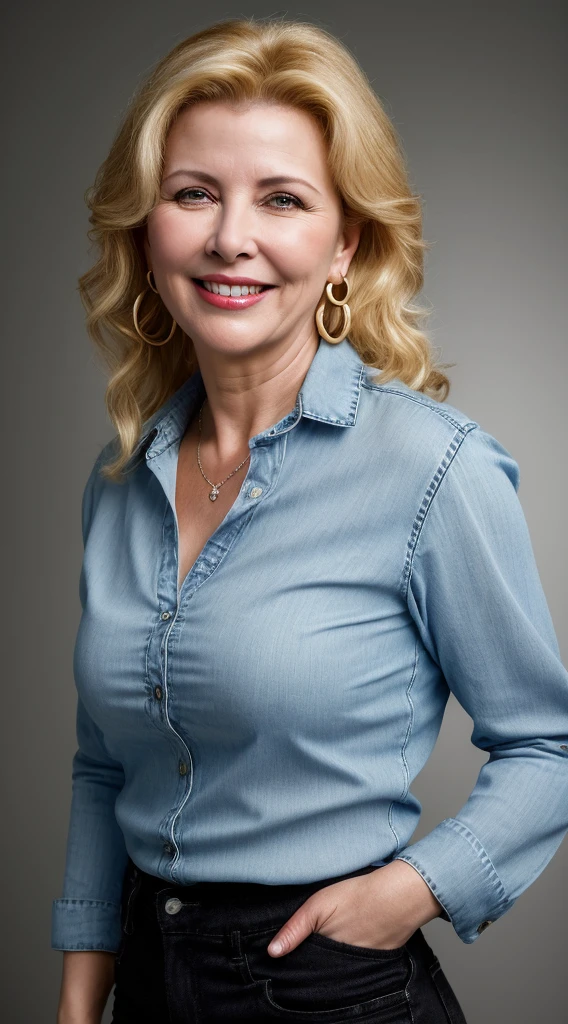 blonde woman with earrings and a black shirt with light blue jeans smiling at the camera, this person does not exist, 40 years old, melanie lynksey-sherilyn fenn-kathy najimy-annette bening-andrea martin merged, entire body visible, full body, hyperrealistic, best quality, 8K, real human skin, masterpiece, extremely intricate, medium closeup, detailed eyes, detailed face, detailed body, exaggerated features, pronounced features