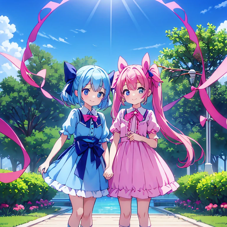 2 girls、standing holding hands、a smile、pink girls、blue girl、Transparency、2 girls、bow ribbon、pink girls、blue girl、standing holding hands、a smile、a park、half up、Twin-tailed、Transparency、Three-dimensional