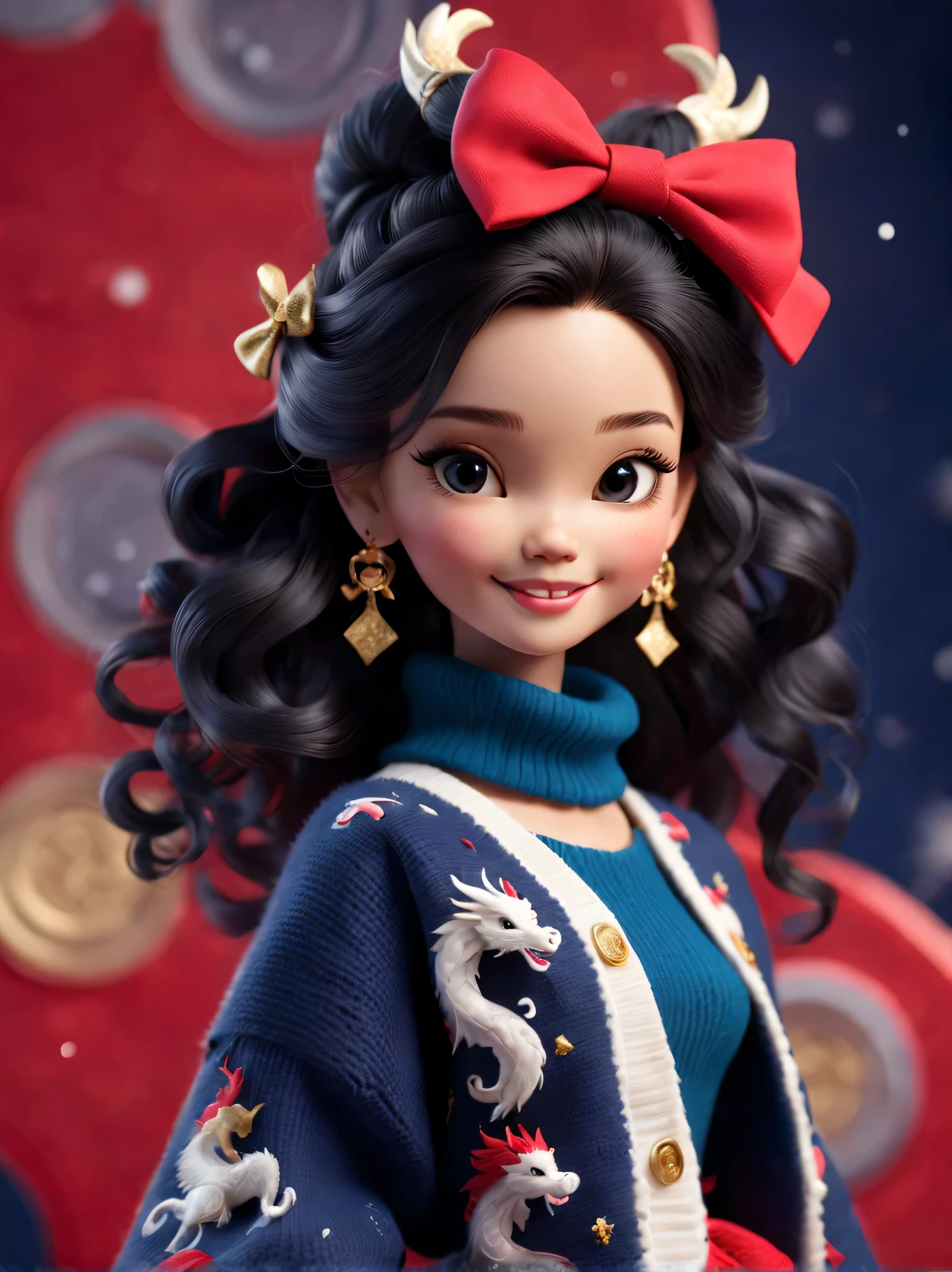 tully shaw style (Close-up of smiling cute zodiac dragon，Barbie girl with bow and black curly hair: 1.1), Exudes luxury, Gorgeous fashionable winter cashmere wool fashion, Big bow，With dark navy blue and fiery red background, 2024 new year elements, Gold coins flying, Snow-white wool is woven into a variety of styles and textures with great skill and skill, Pay attention to the edge of the sweater、Thin and smooth stitches、seamless, Demonstrate perfect craftsmanship and quality. Cute 3d rendering, Cute and detailed digital art, slight feeling, stylized 3d render, 8K， 3D character art rendering, lovely digital painting, Anime style 3D, Ultra-detailed rendering, hyper HD, tmasterpiece, Acura, ctextured skin, super detailing, high detal, high high quality, Award-Awarded, Best quality, A high resolution, 16k,