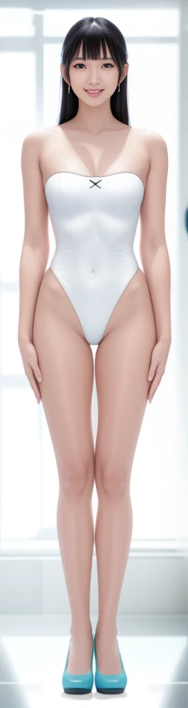 On a white background,A tall and beautiful Chinese girl,with fair skin,Toothy smile,A big smile,When you laugh, Your eyes are crescent-shaped,blunt bangs, long straight hair,Wear a one-piece swimsuit and pumps,Swimsuits are decorated with joyful patterns, Stand up straight,Stand upright,hands on sides,Symmetrical distribution,Ray tracing,All shaded areas,No windows, Soft lighting, Warm light, flood light, no lights on the top, Studio light, 1.4x Realistic Ultra HD