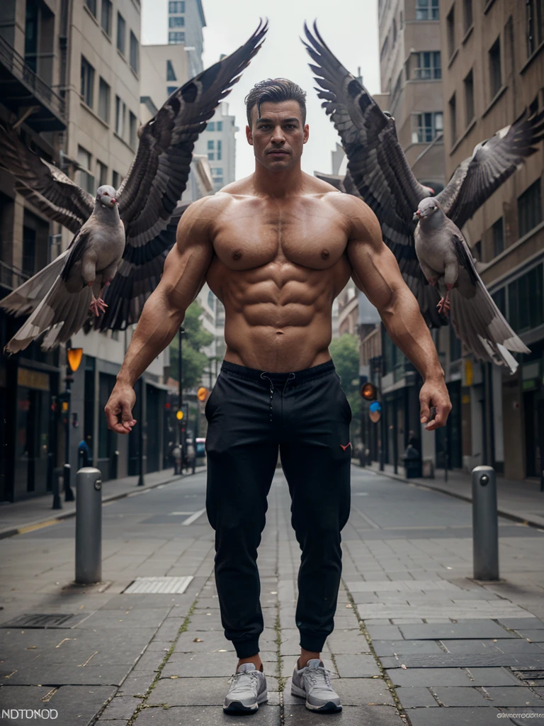 Realistic bodybuilder works magic with pigeons，Naked，Tong，shorter pants，8K，tmasterpiece，Best quality，A high resolution，ultra - detailed