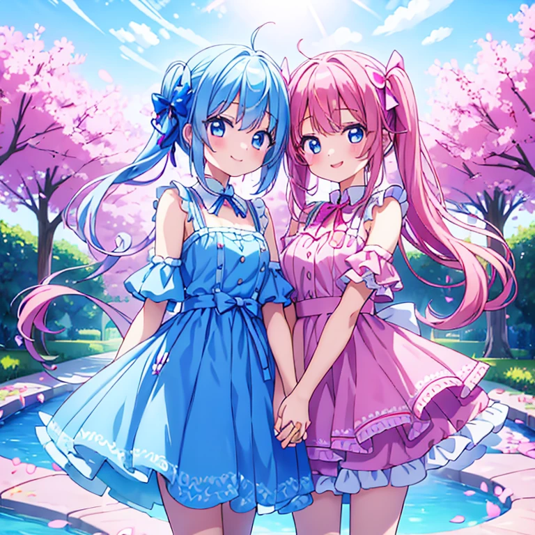 2 girls、standing holding hands、a smile、pink girls、blue girl、Transparency、2 girls、bow ribbon、pink girls、blue girl、standing holding hands、a smile、a park、half up、Twin-tailed、Transparency、Three-dimensional、fluffly