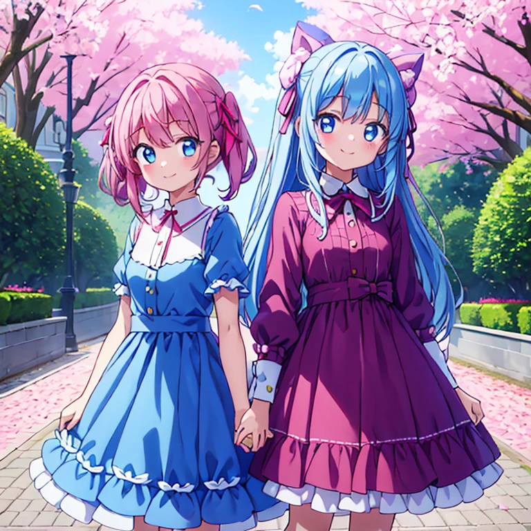 2 girls、standing holding hands、a smile、pink girls、blue girl、Transparency、2 girls、bow ribbon、pink girls、blue girl、standing holding hands、a smile、a park、half up、Twin-tailed、Transparency、Three-dimensional、fluffly