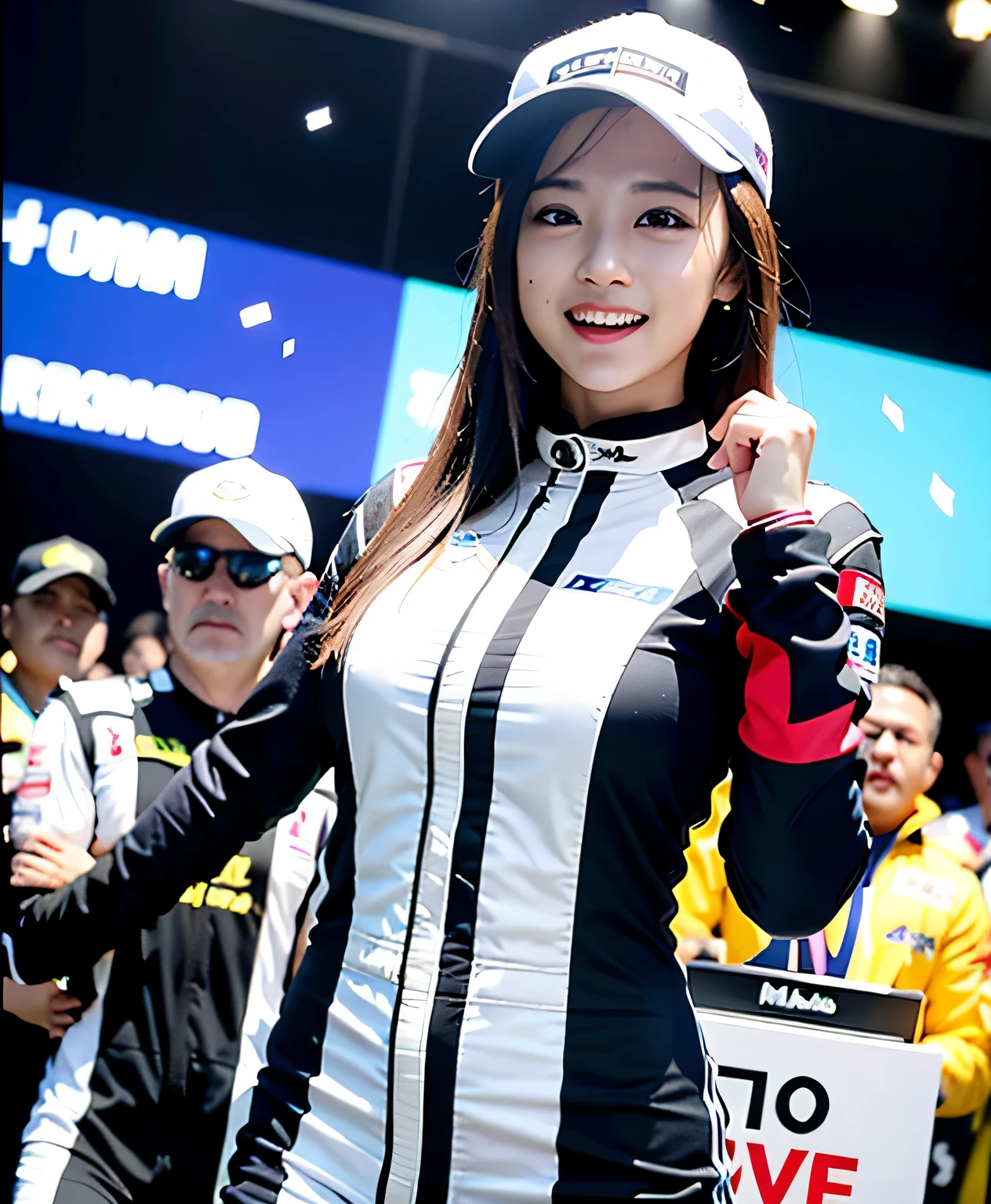 (realisitic、Photorealsitic:1.37)、(8K、Raw photography、top-quality、masterpiece:1.2)、Very cute woman、ultra-detailliert、Heart-shaped pupil、physically-based renderingt、超A high resolution、Kodak Vision Color、Captured with an Arricam LT camera、bokeh dof、foco nítido、(((Correct anatomy:1.2)))、best quality, ultra detailed 8k illustration, japanese animetion character design, masterpiece, high resolution, extremely detailed, dynamic angle, upper body,(early twenties lady, black straight long hairstyle, cool:1.2, racer:1.3, holds trophy in both hands and raises it above her head:1.5 , wearing racing suits and racing cap, Crying with joy), circuit, podium,lots of team stuff:1.3, Lots of confetti falling in the background, depth background