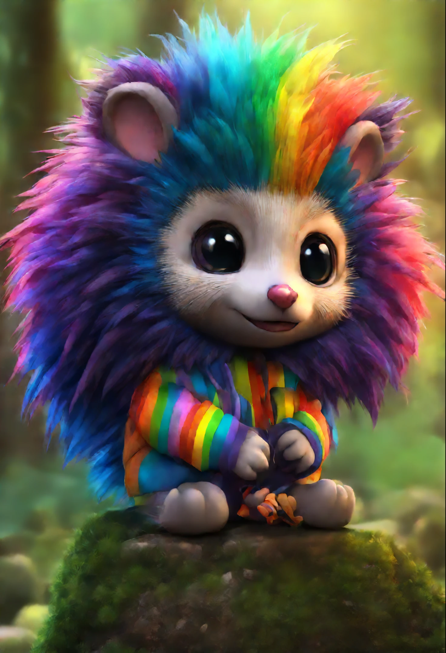A brightly colored hedgehog sits on a stone in the forest, adorable digital painting, Render monkeys, anthropomorphic hedgehog, rainbow fur, Rendering Marmoset ToolBaged, Zbrush Color Renderer, Рендеринг Marmoset ToolBag, The octane number turns a lonely rainbow, cute 3 d render, dark rainbow colored fur, cute detailed digital art, whimsical demon with rainbow fur
