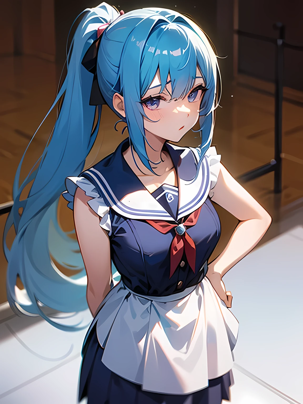 anime girl with light blue hair, Hair in a delicate blue tone, long hair, purple eyes, pony tail hair, sexy high school dress, medium breats, mature factions, very aesthetic detail anime background high school class room