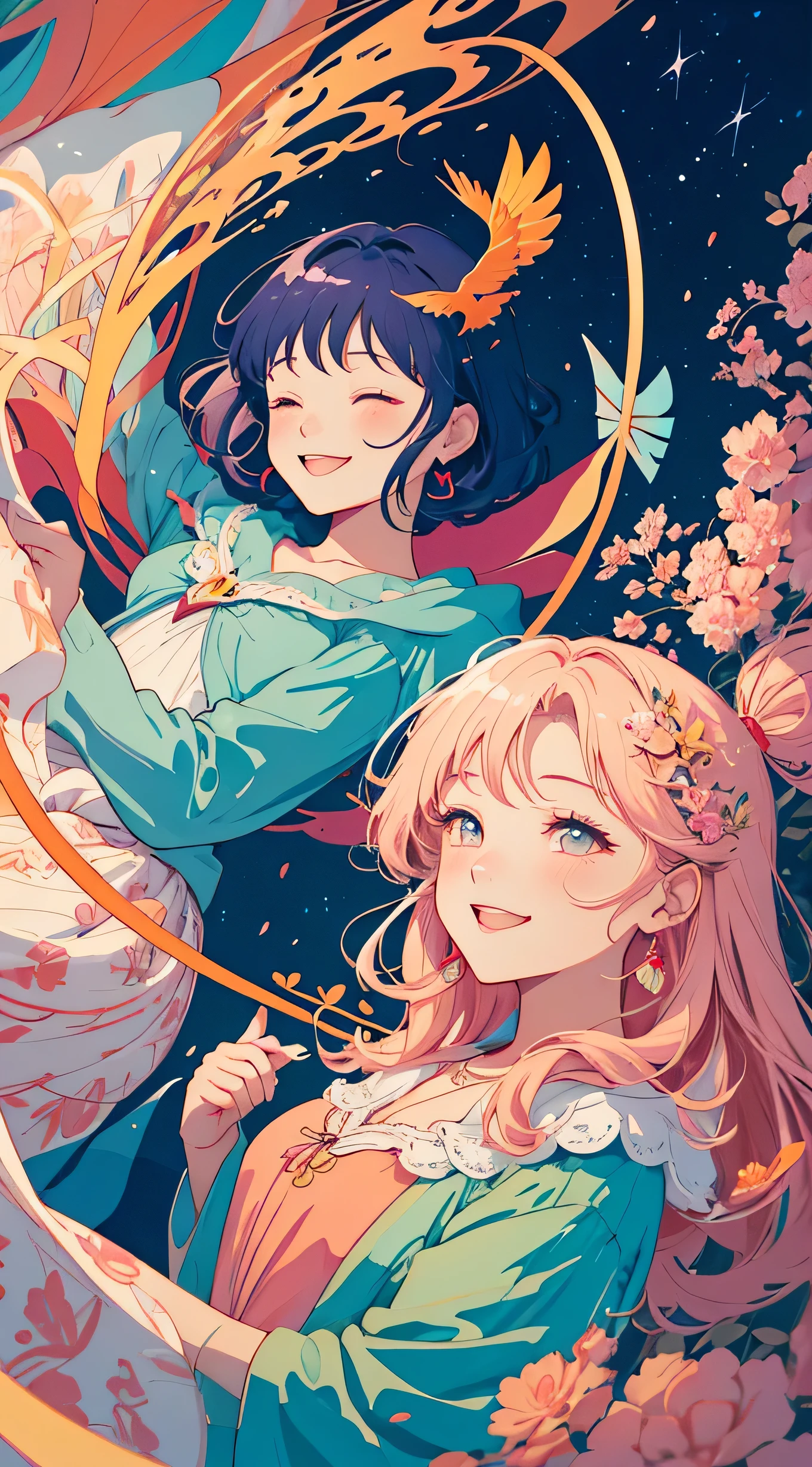 a couple falling from sky(((vertical))) girl shooting a cupid arrow on to man((smiling))), by Yanagawa Nobusada, dreamy illustration,a beautiful artwork illustration, by Matteo Pérez, by Rose Henriques, jen bartel, by Max Buri, colorful illustration, by Ryan Yee, blurry and dreamy illustration, colorfull illustration, cyril rolando and goro fujita, surreal flat colors