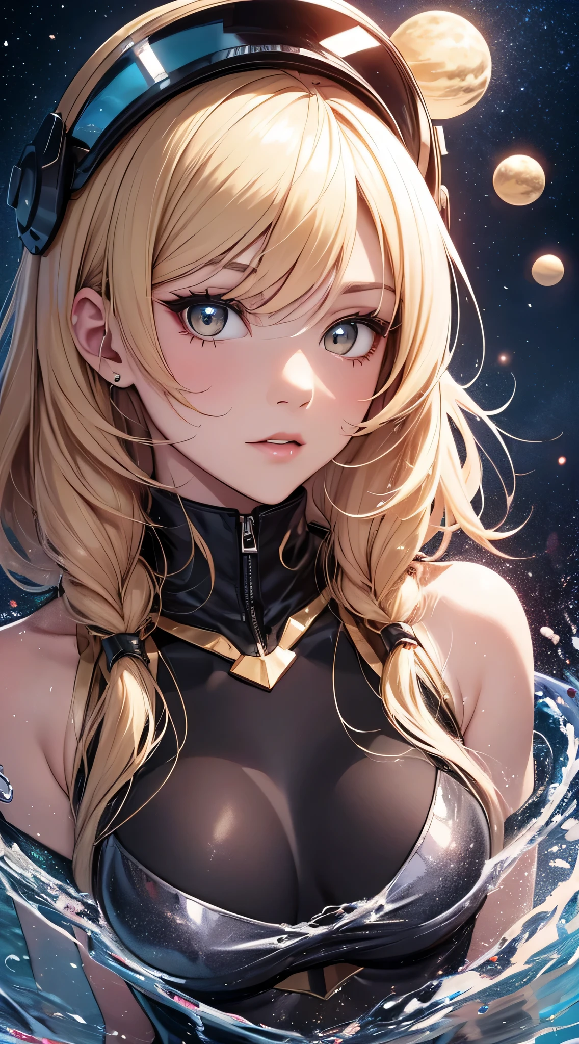 top-quality、Top image quality、masterpiece、s girl((18year old、 Ager、Best Bust、Medium bust,wide open breast tea、Golden Eyes, a blond、poneyTail、A slender,Highest valley、Black spacesuit、black suits、black space helmet)),hiquality、Beautiful Art、Background with((Moonground)),masutepiece、depth of fields、movie、visualart、Perfect Art、POV POV Perspective